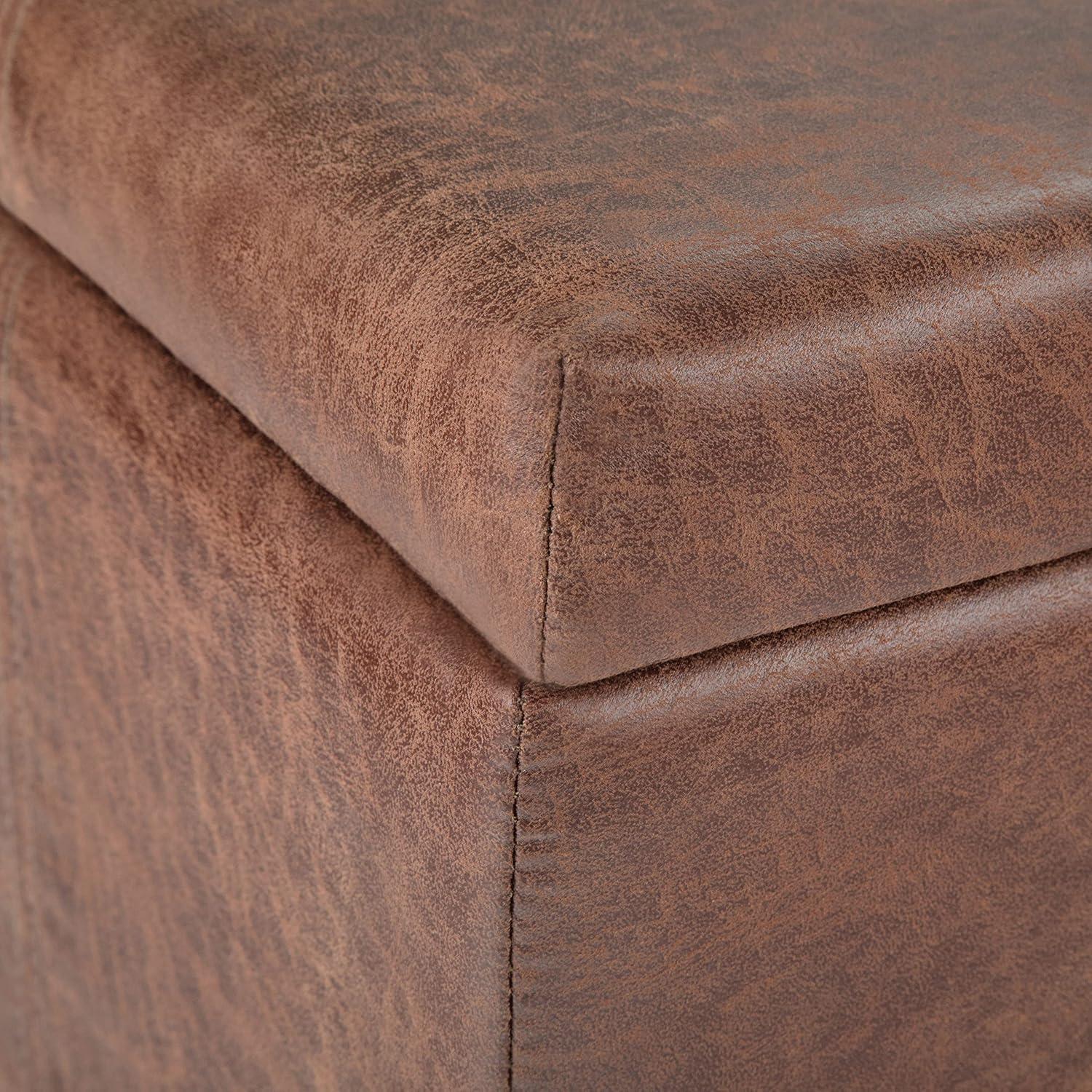 Simpli Home Dover Faux Leather Storage Ottoman Bench in Umber Brown