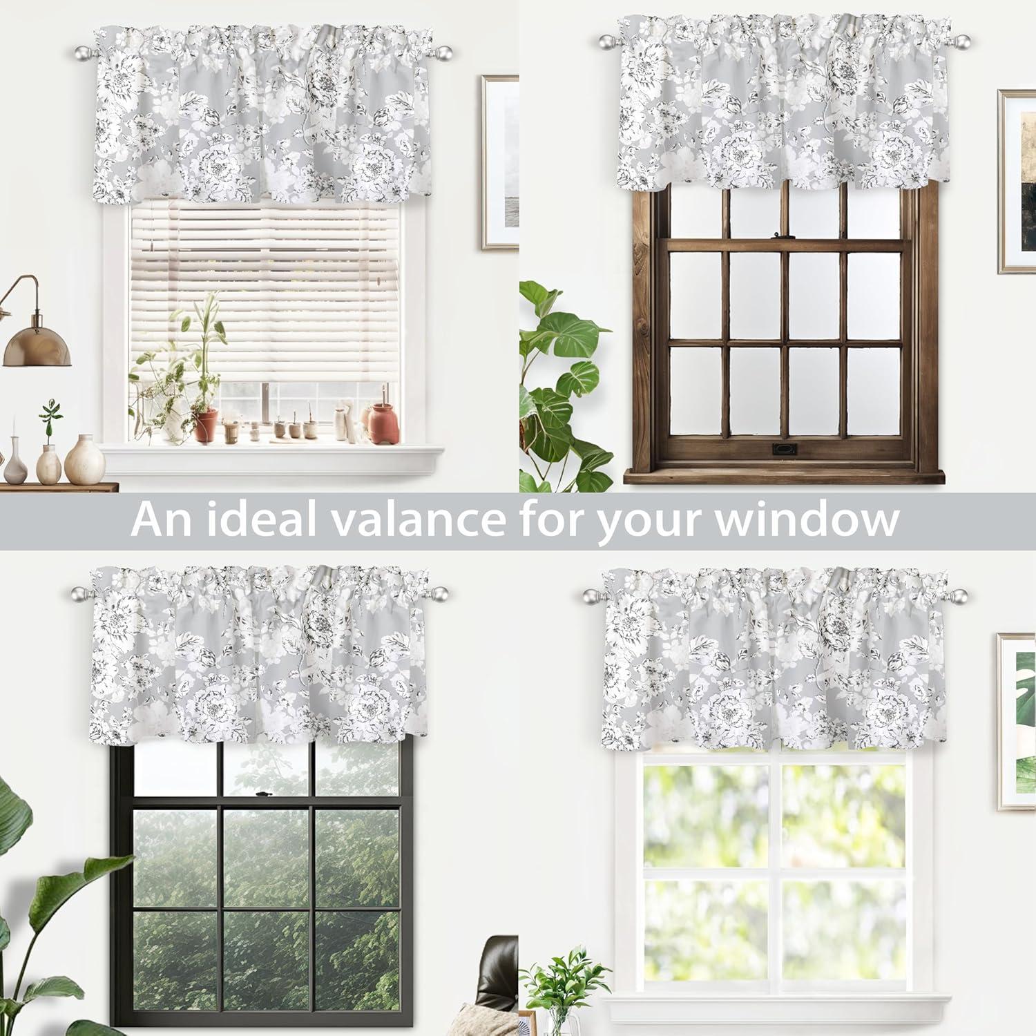 Gray and White Floral Pencil Sketch Rod Pocket Valance