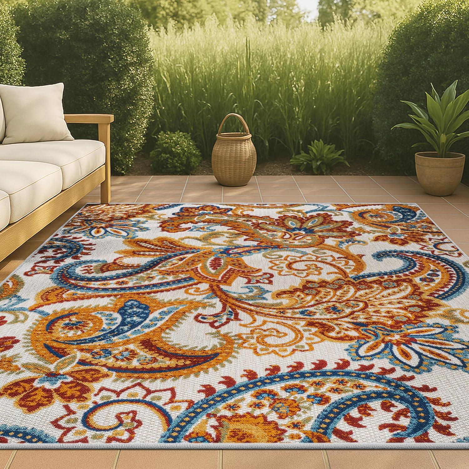 3'x5' Gordes Paisley High-Low Indoor/Outdoor Area Rug, Orange/Multi - JONATHAN Y
