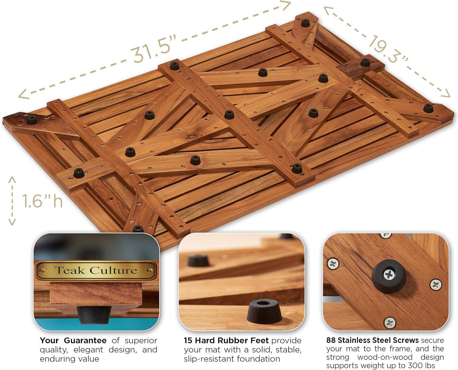 Large Teak Shower Mat with Diamond Design, 31.5 Inches