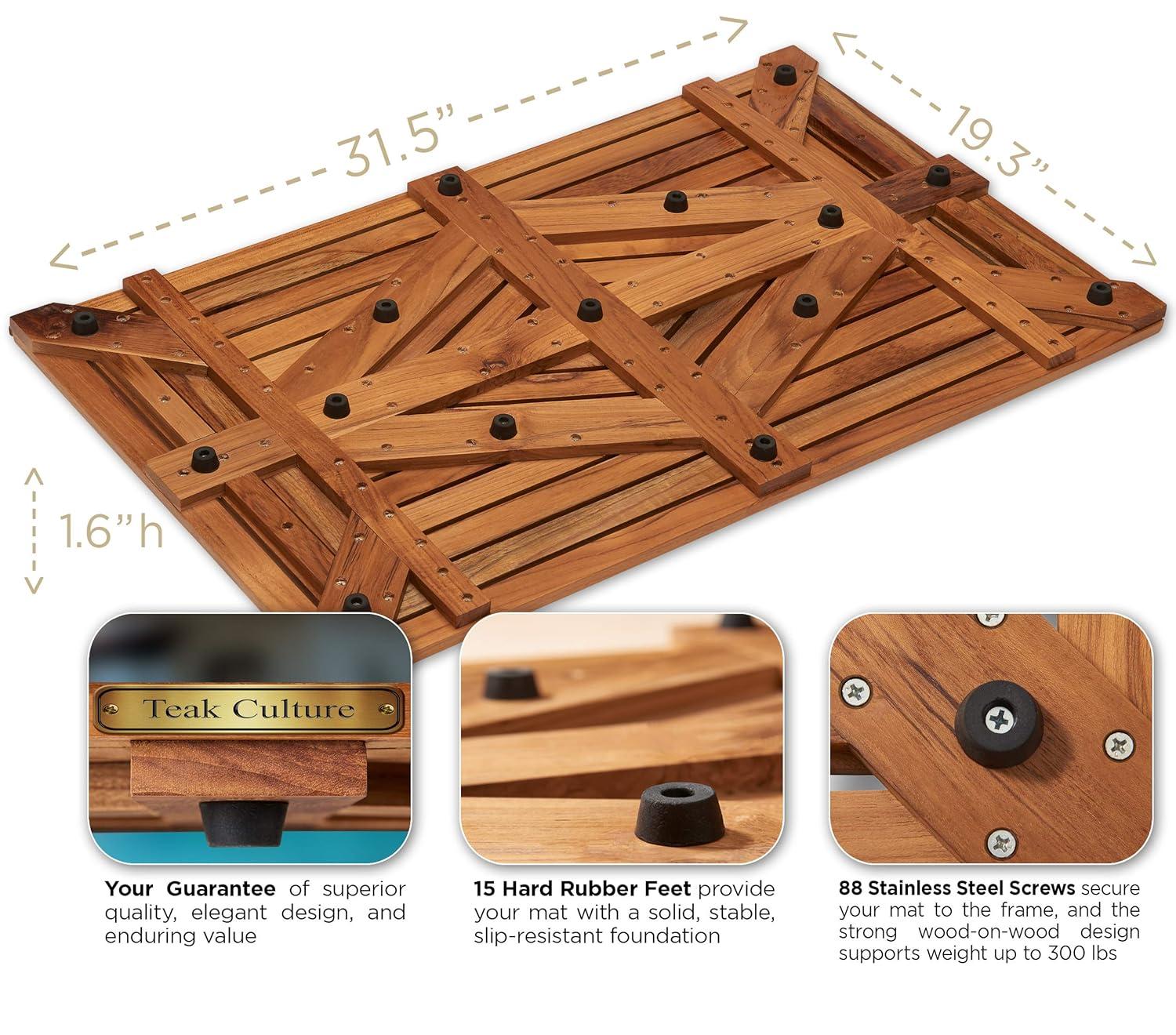 Large Teak Shower Mat with Diamond Design, 31.5 Inches