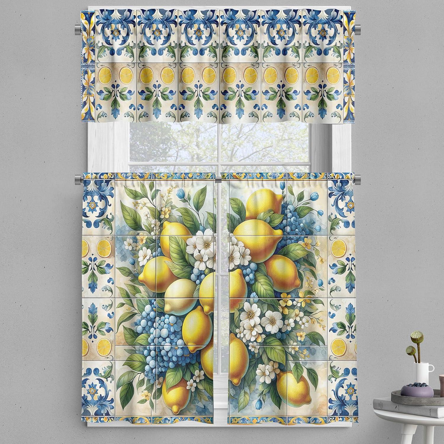 Mediterranean Mosaic Lemons Polyester Kitchen Curtain Set