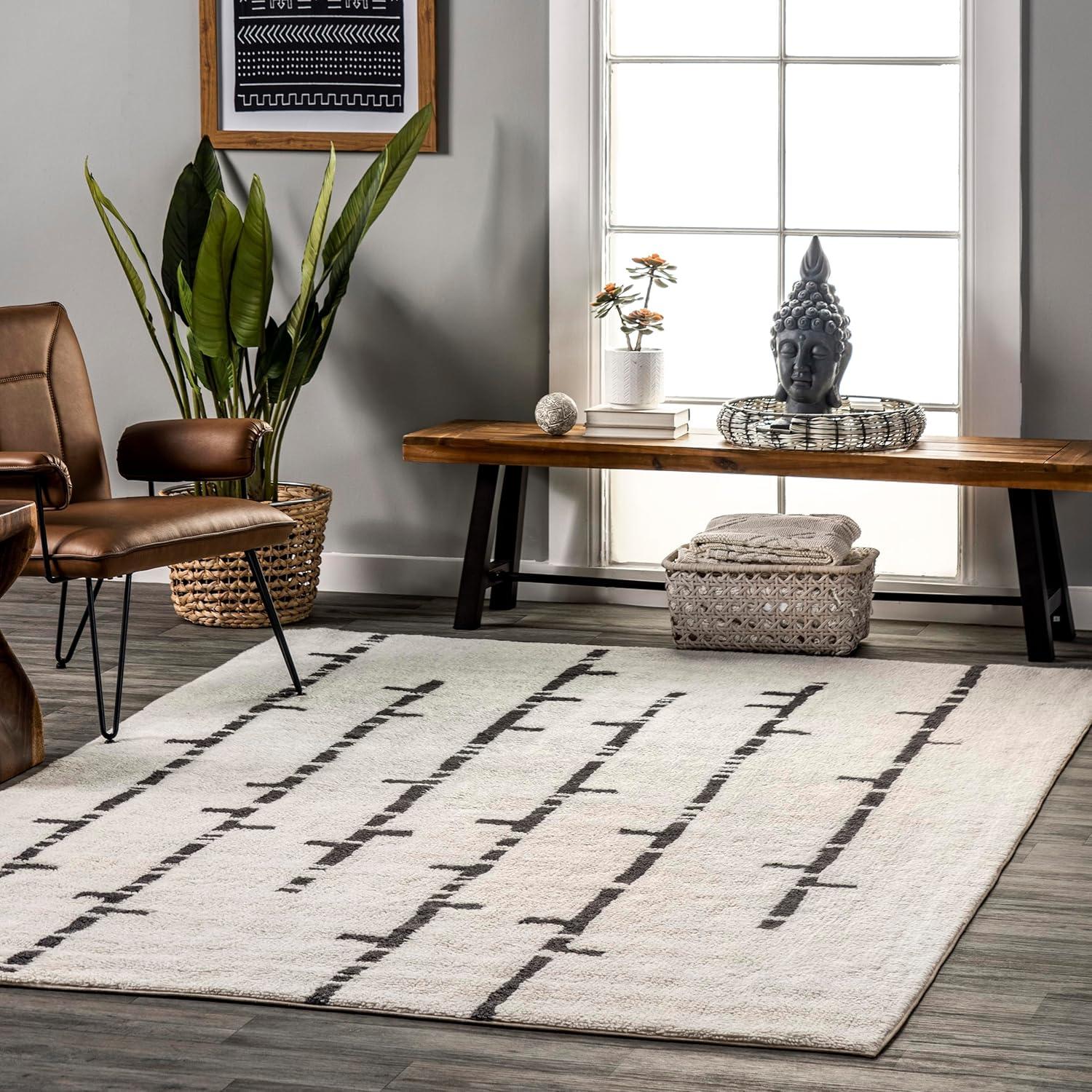 Ivory and Black Stripe Wool 4' x 6' Area Rug