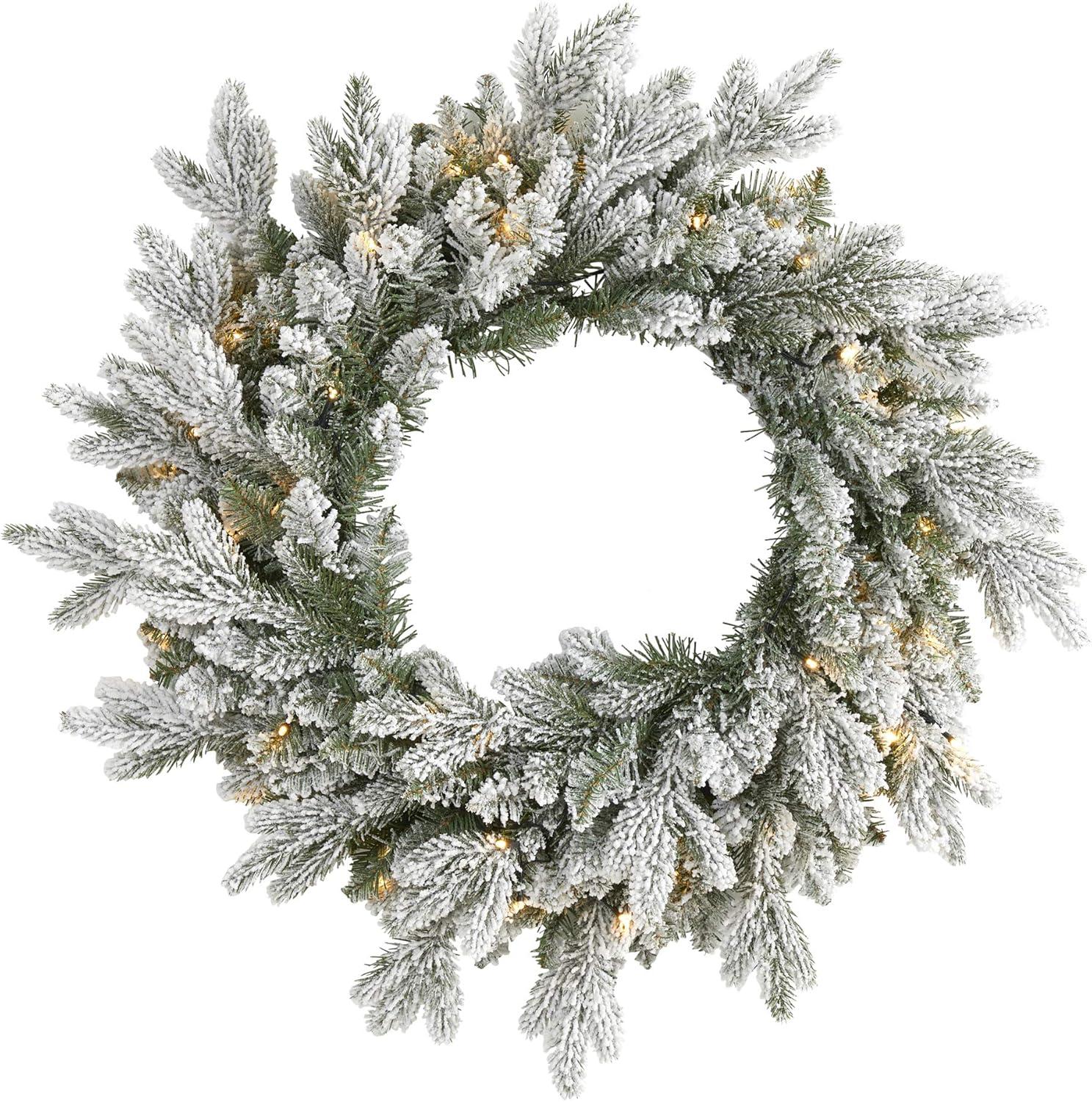 Festive Evergreen 24" Artificial Snow Flocked Outdoor Christmas Wreath with LED Lights