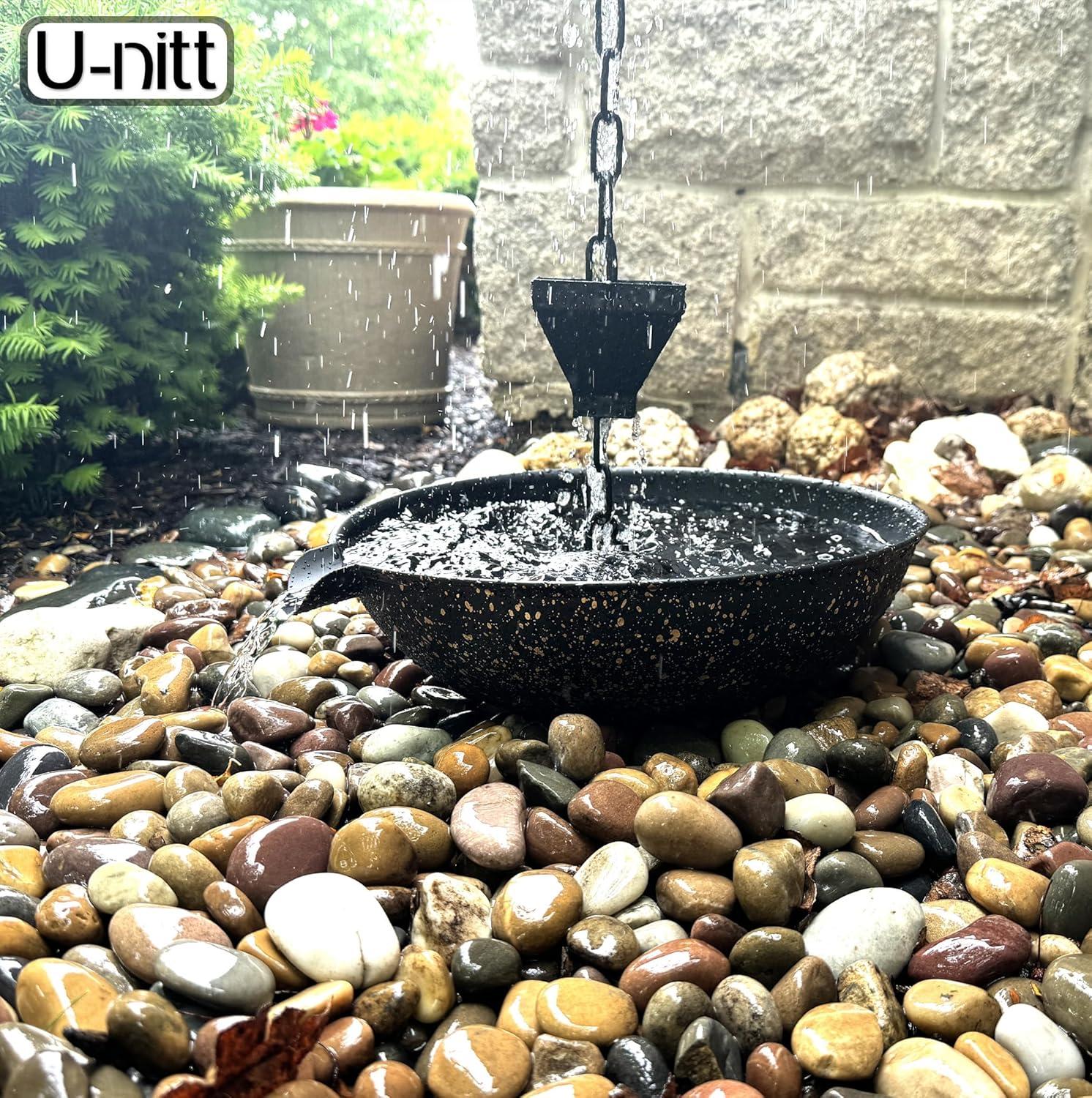 U-nitt 12" Anchoring Basin/Bowl/Dish for Gutter Rain Chain, Spill Bowl for Fountain, with Scupper, Birdbath Alternative, with Attachment Chain, Black Powder Coated with Gold, 972GD