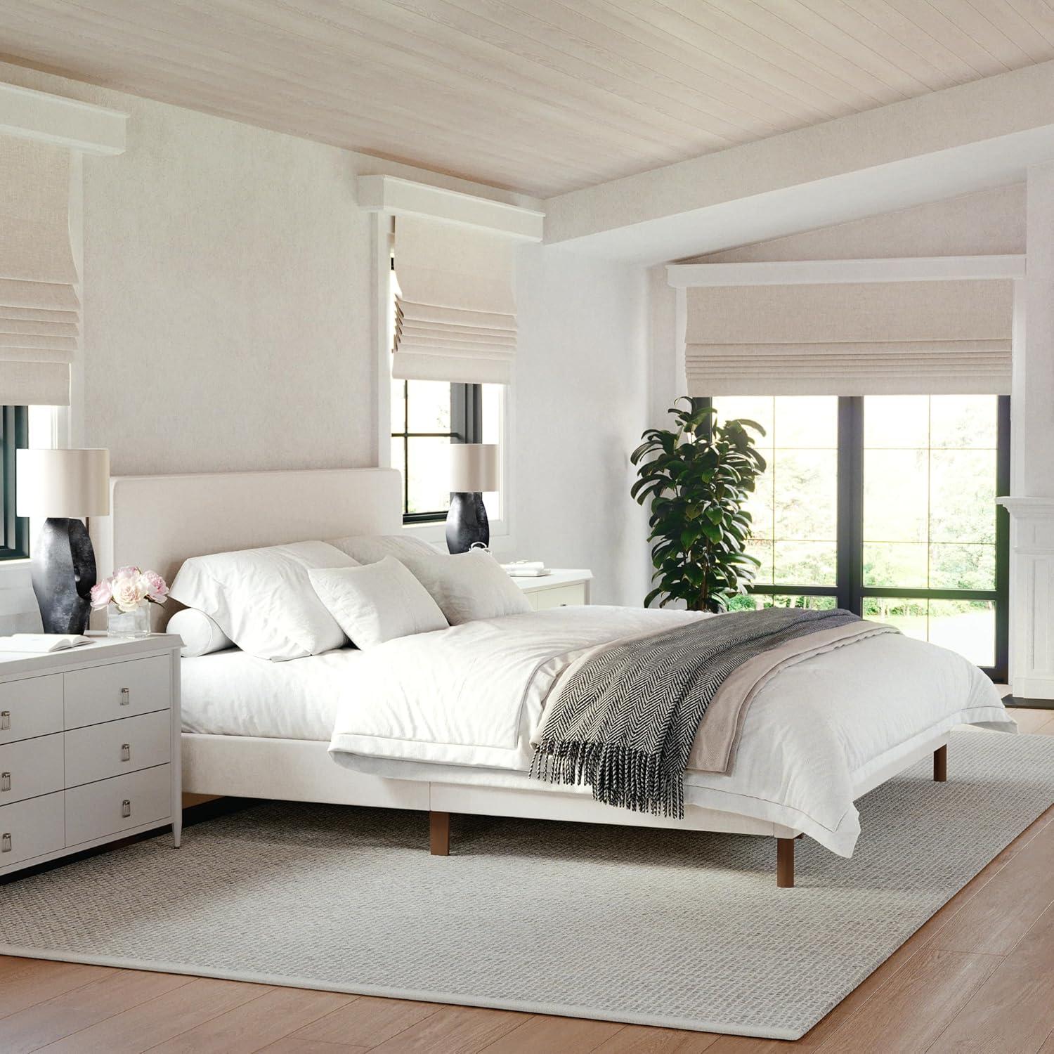 King Beige Linen Upholstered Platform Bed with Walnut Legs