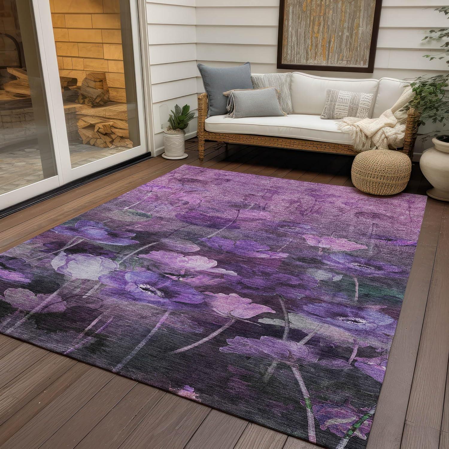 Purple Floral Synthetic Washable Rectangular Rug 3' x 5'