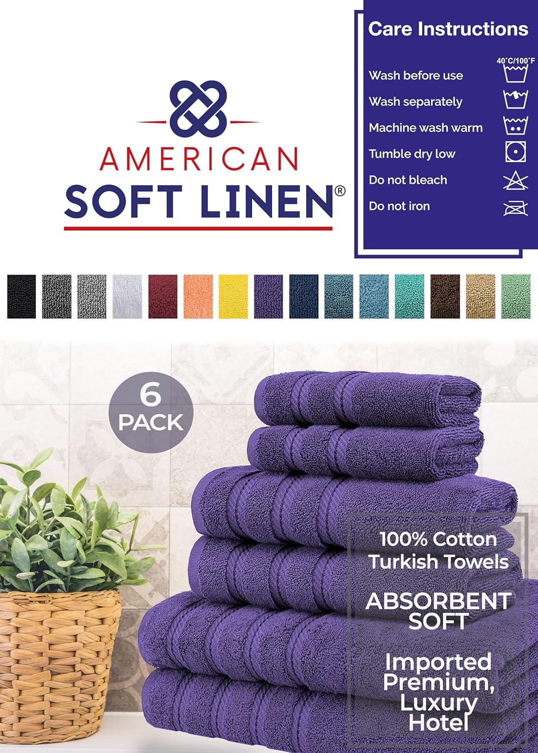 American Soft Linen 6 Piece Towel Set, 100% Cotton Bath Towels for Bathroom, Purple