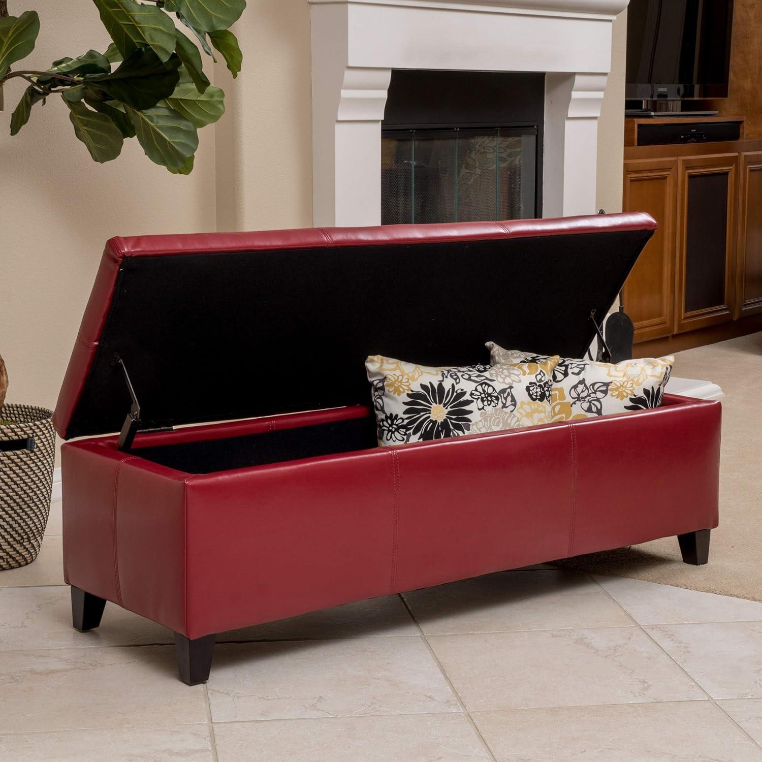 Christopher Knight Home Lucinda Faux Leather Storage Ottoman Bench Red : Upholstered Rectangular Seat, Wood Frame