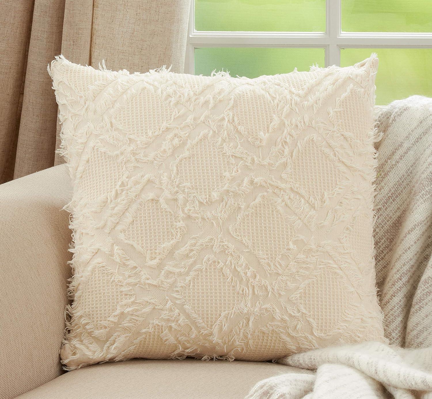 Ivory Fringe Waffle Weave 19.5'' Cotton Euro Pillow Cover