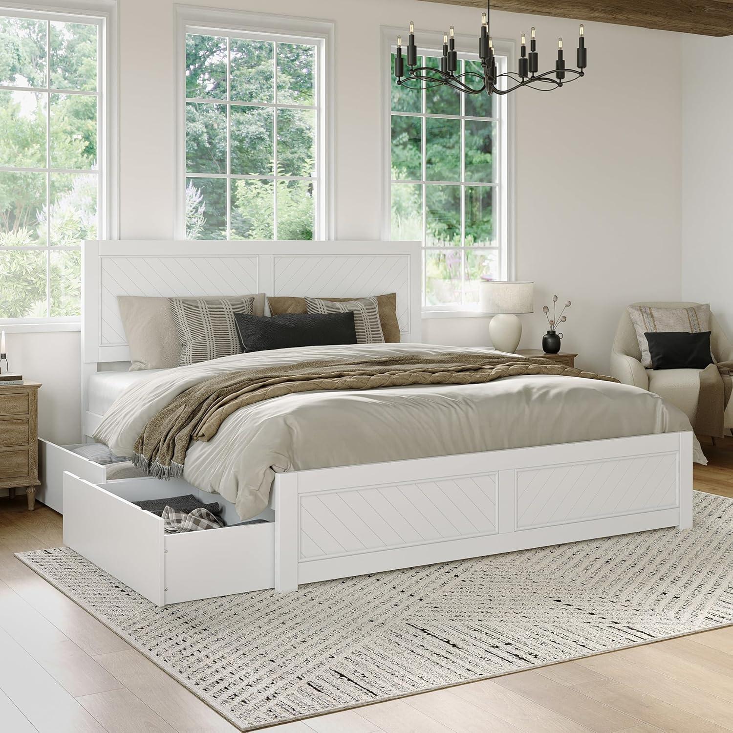AFI Canyon White Solid Wood Platform Bed with Matching Footboard & Storage Drawers, King