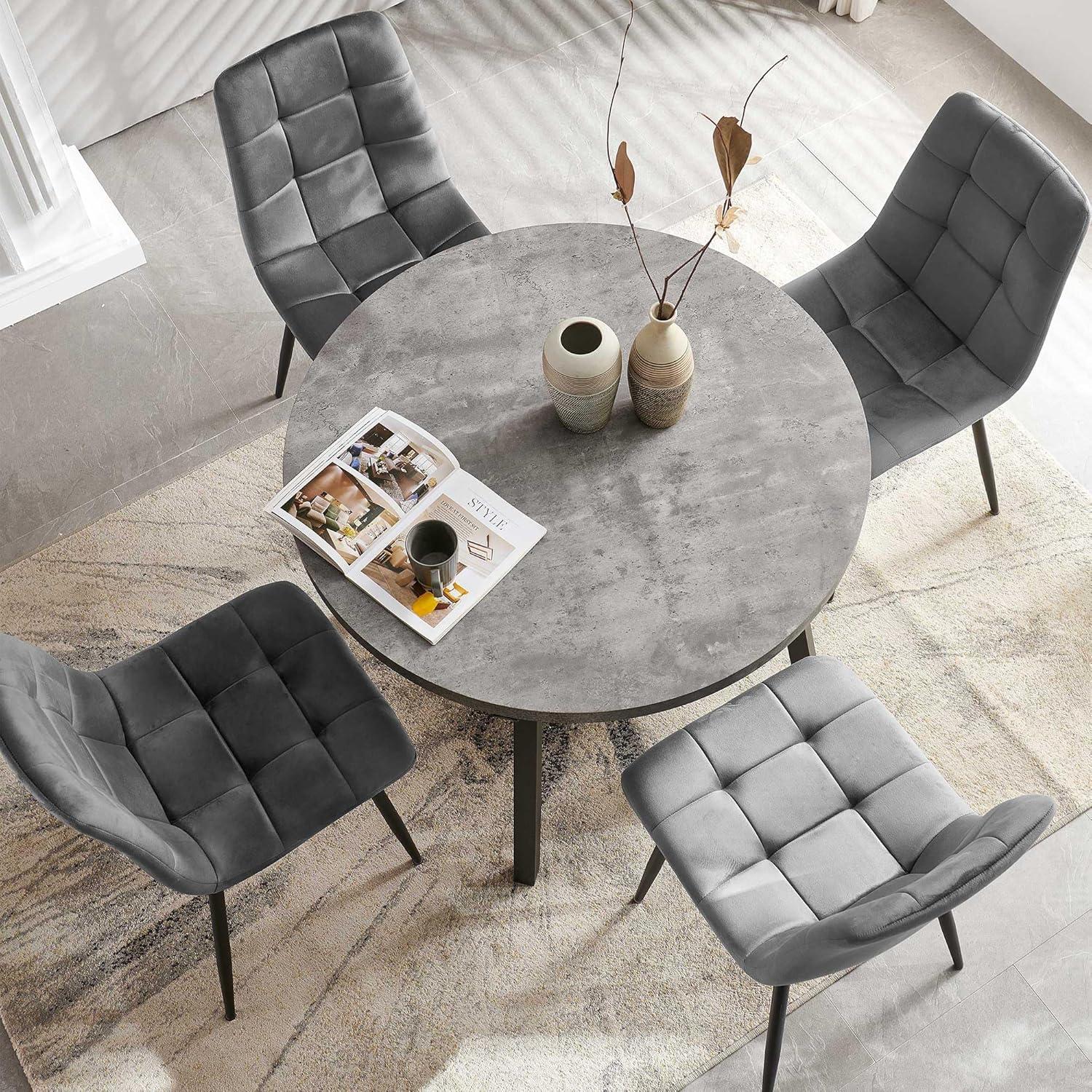 HAOYUN 4-Person Round Dining Table Set for Small Spaces, Industrial Style 37.4 Dia Grey Engineered Wood Kitchen Table with PU Dining Side Chairs, Dark Grey