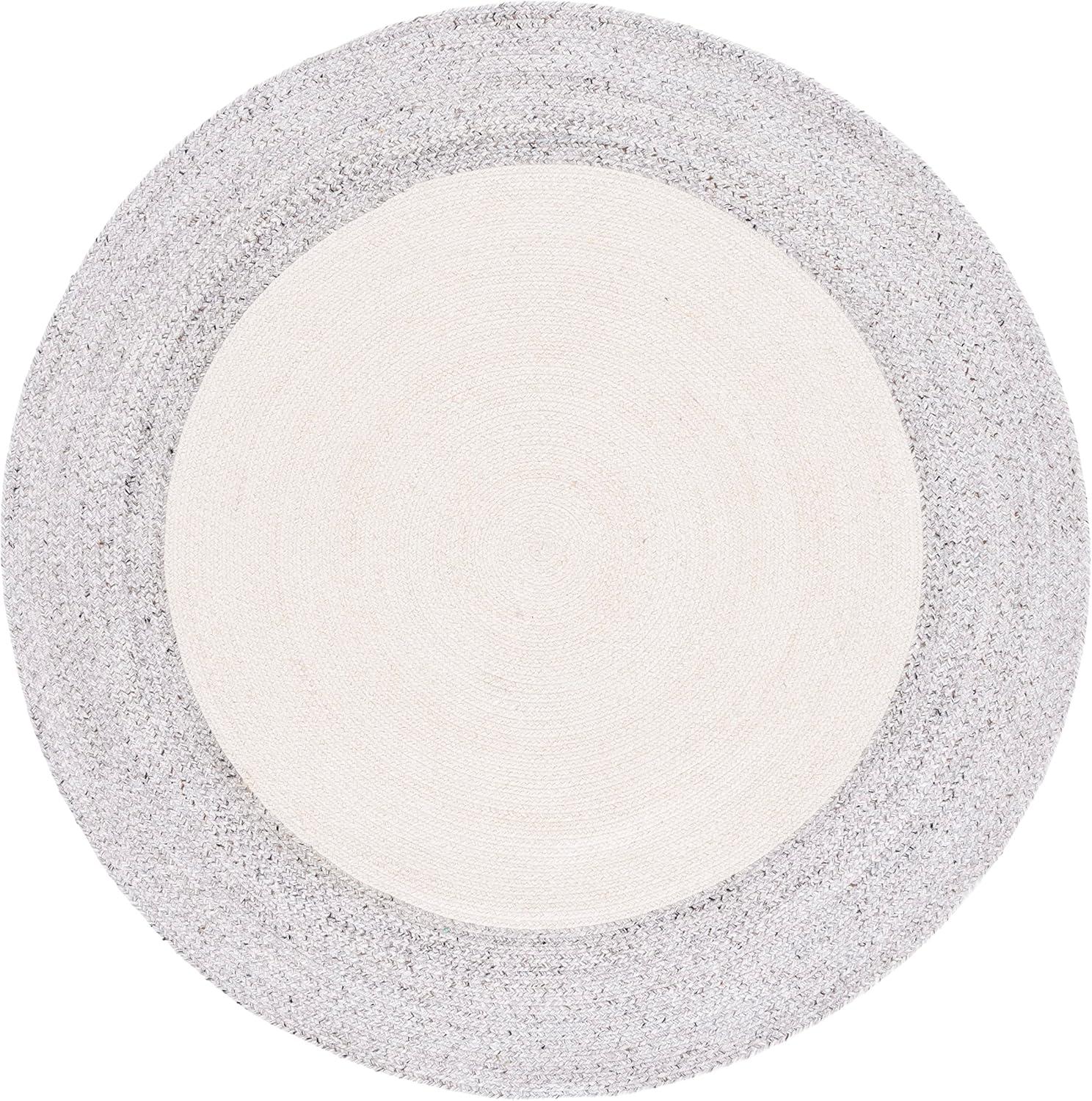 Ivory and Light Grey Abstract Braided Round Rug, Handmade 3ft