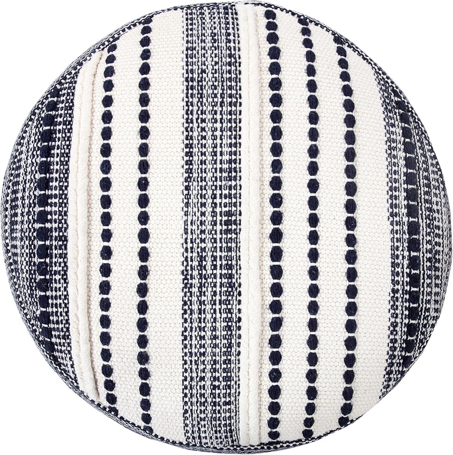 LR Home Small Braided Striped Indoor Round Pouf, Navy/Ivory, 18" x 18" x 14"