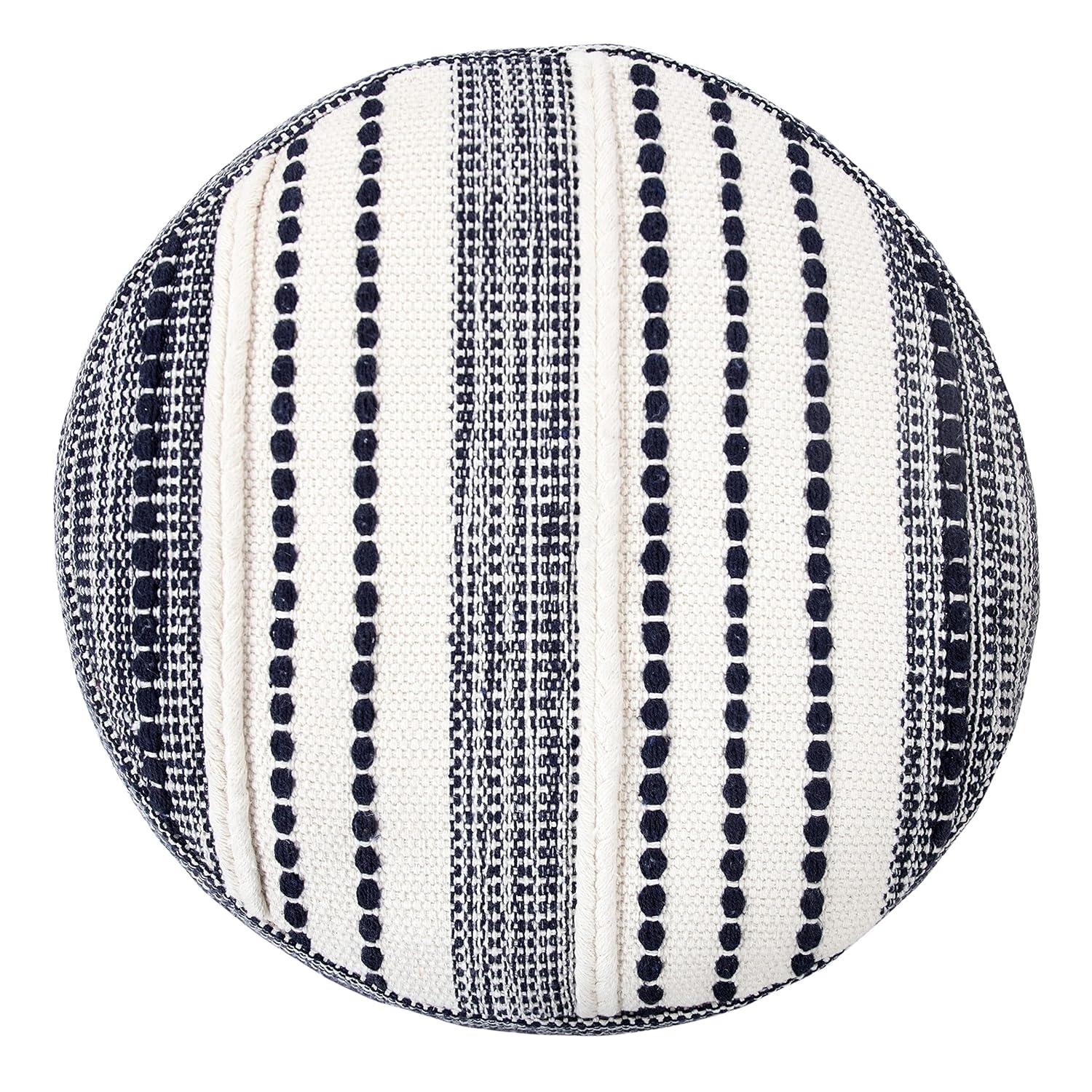 LR Home Fred Round Navy/White Striped Indoor Pouf Ottoman, 14"H x 18"W