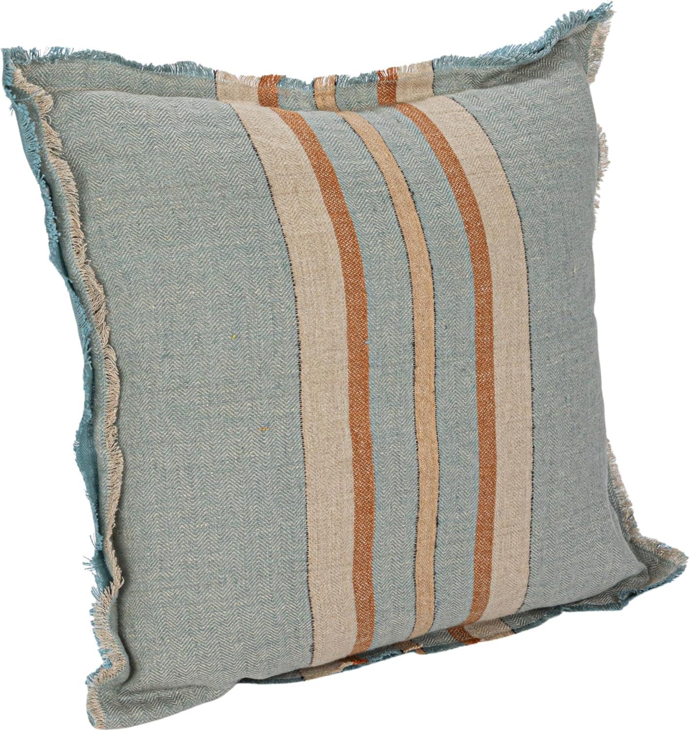 20" Blue and Beige Linen Striped Pillow with Fringe