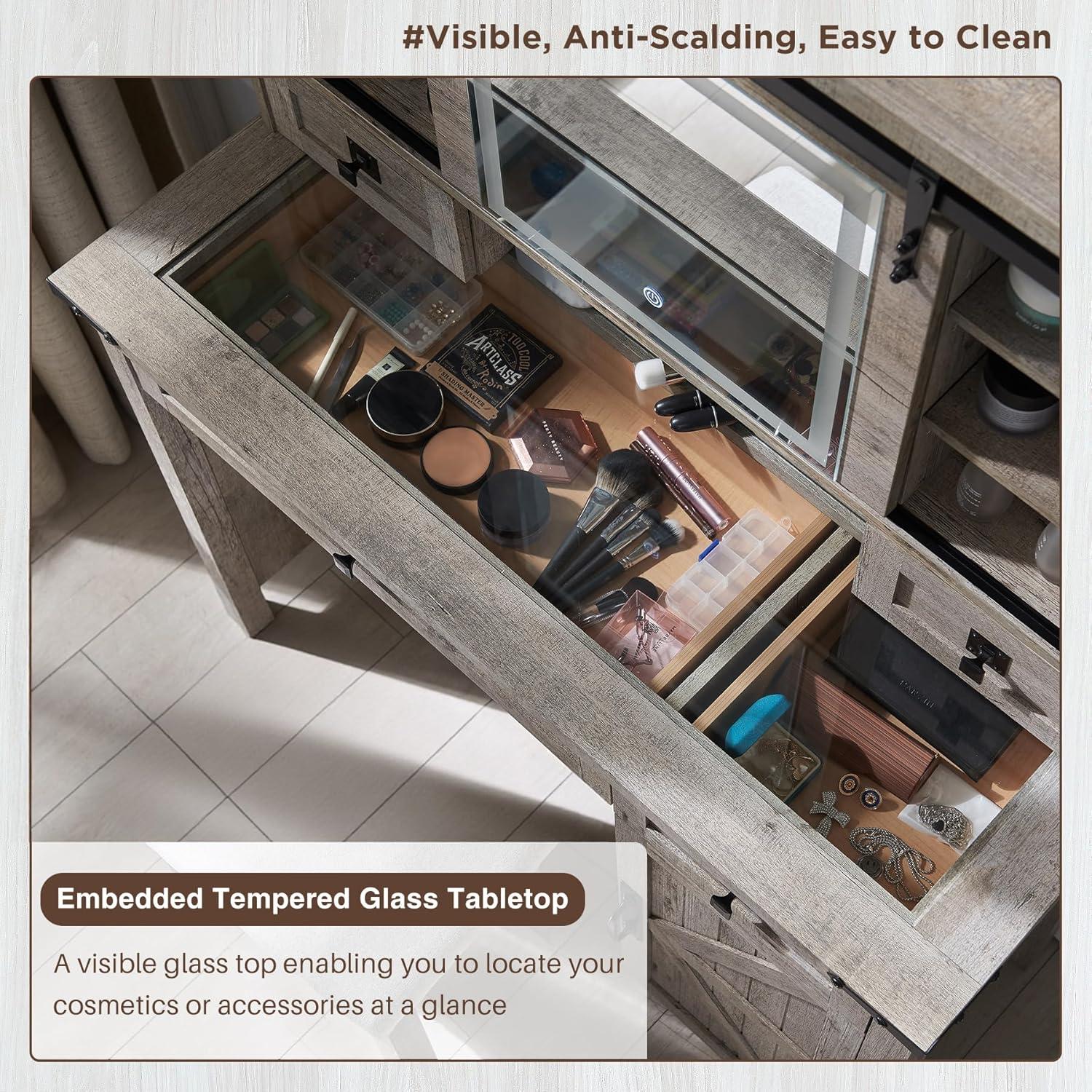 OKD Farmhouse Rustic Makeup Vanity Desk with Sliding Mirror and Lights, Glass Top Vanity Set with Charging Station, 4 Drawers & 1 Cabinet, Includes Stool - Big Vanity for Bedroom, Light Rustic Oak