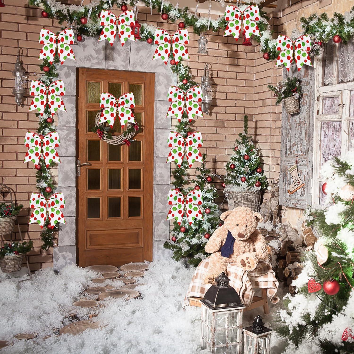 Sandistore Cute Cars 12pcs Christmas Tree Bows Ornaments 6 Inch Large Christmas Wreath Bows Red Green Xmas Tree Bows Christmas Glitter Dot Bows Ribbons Decoration For Garland Diamonds for Crafts