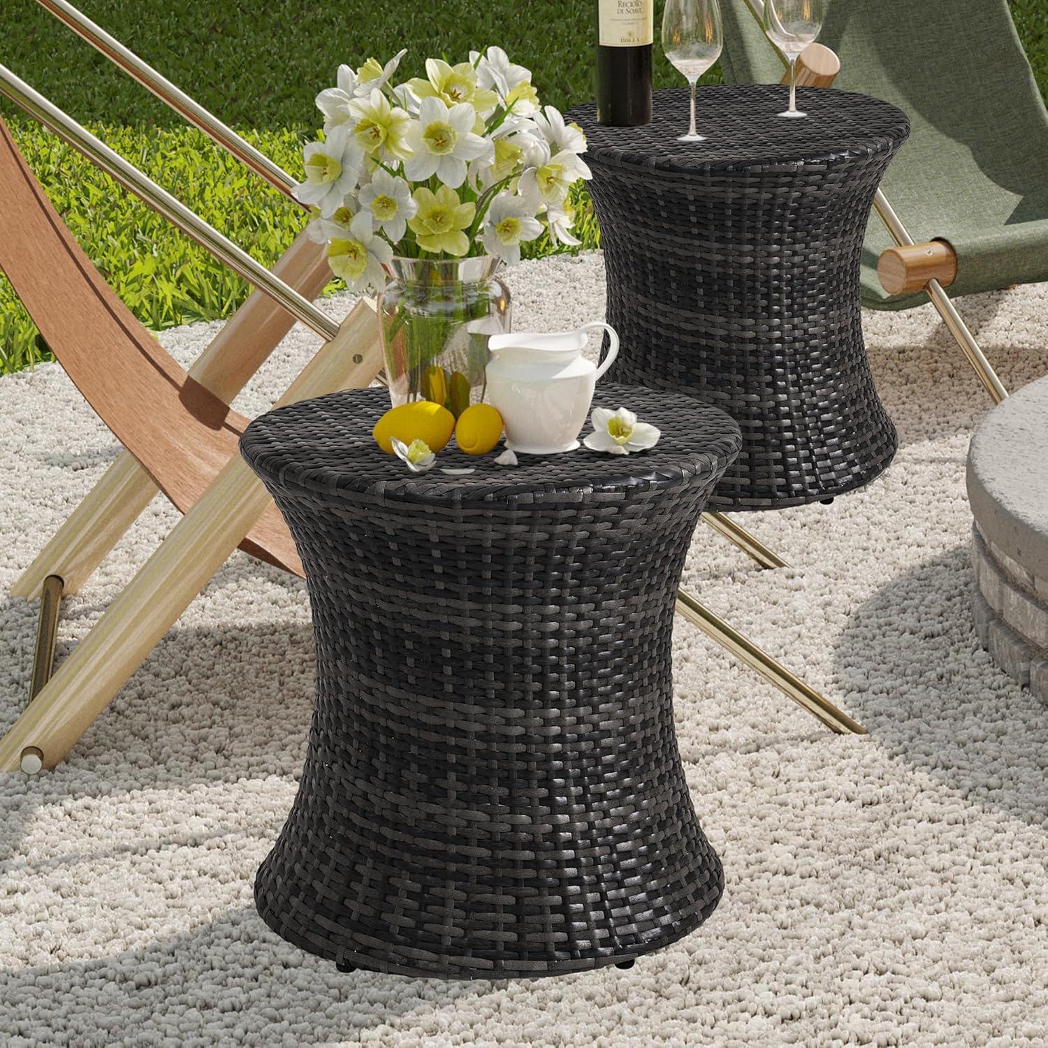 Outdoor Bistro Tables Wicker Side Table for Patio Garden Round Rattan Desk All Weather Brown