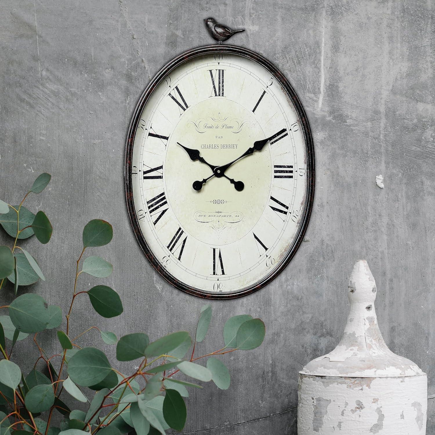 Antique Bronze Oval Metal Wall Clock with Bird