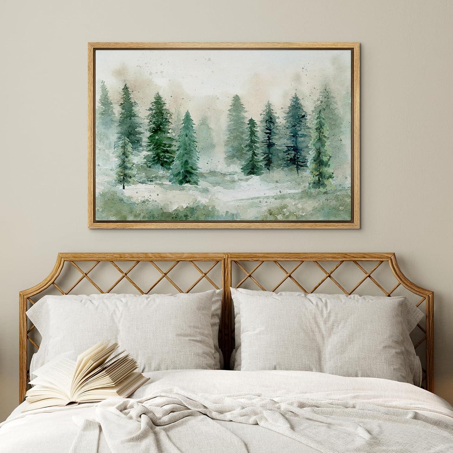 Woodland Forest Landscape " IDEA4WALL Framed Canvas Print Wall Art Woodland Nursery Decor Pastel Green Pine Tree Forest Landscape Nature Wilderness Fine Art Decorative Rustic For Living Room, Bedroom, Office "