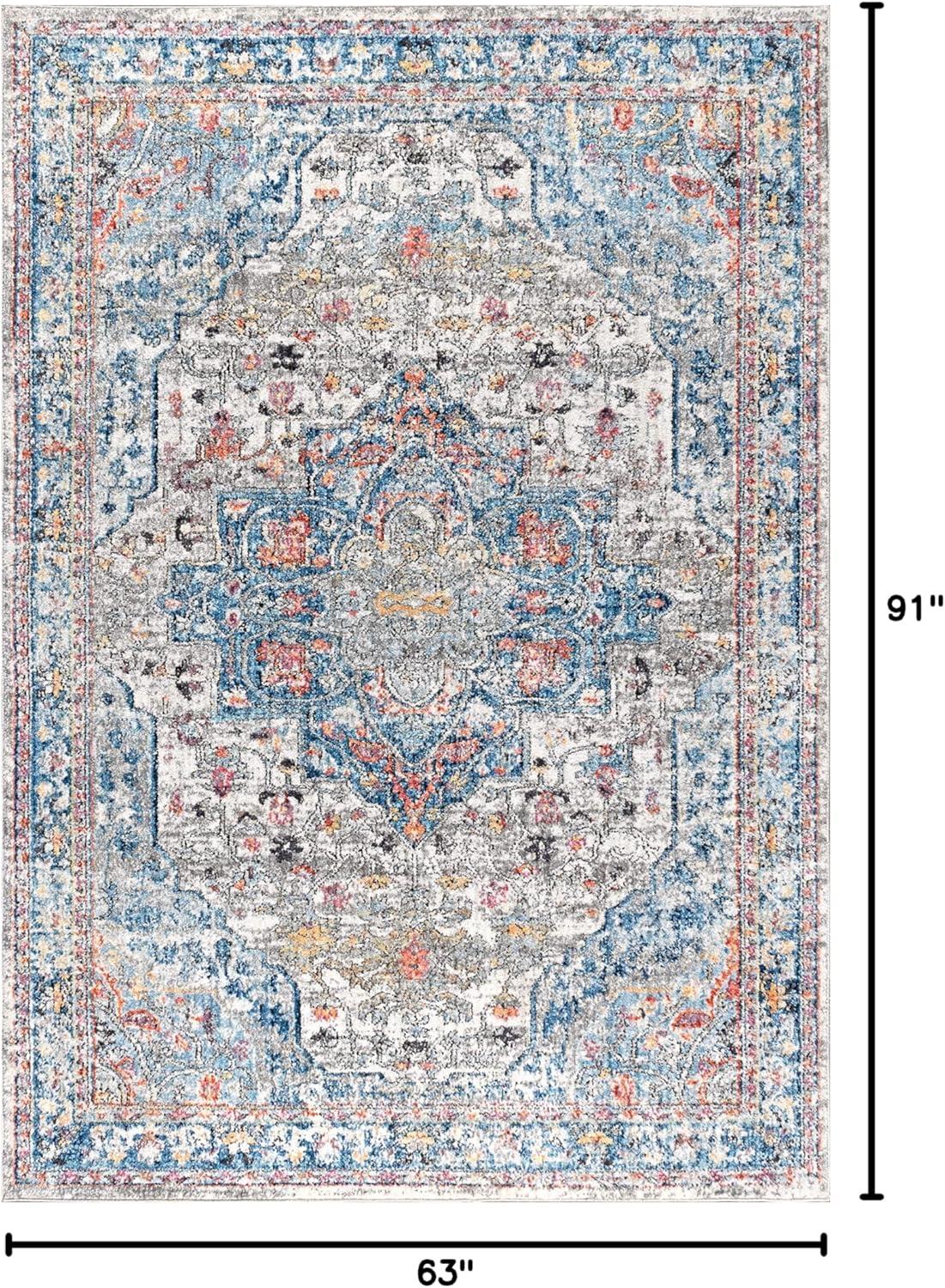 Ivory and Blue Rectangular Medallion Synthetic Area Rug