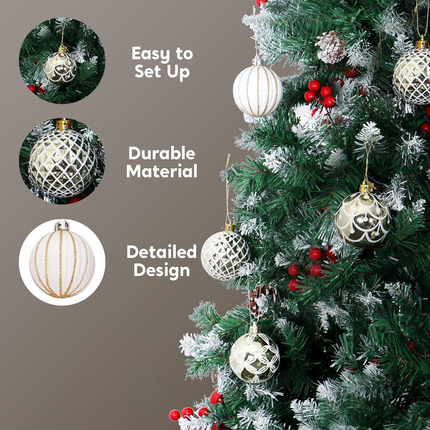 Gold and White Shatterproof Plastic Christmas Ball Ornaments Set