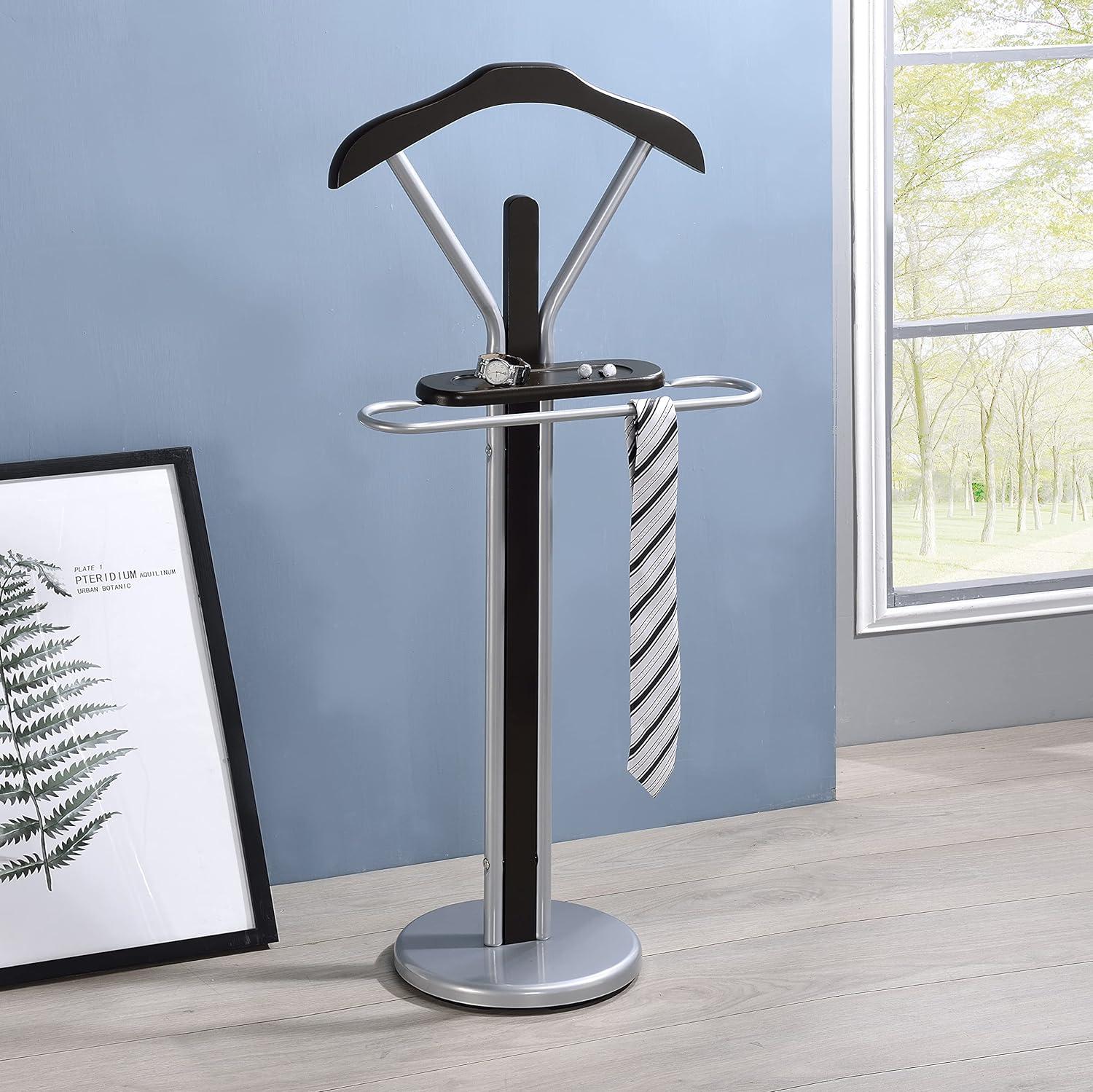 Kings Brand Furniture - Wood & Metal Suit Valet Rack Stand Organizer, Silver/Walnut