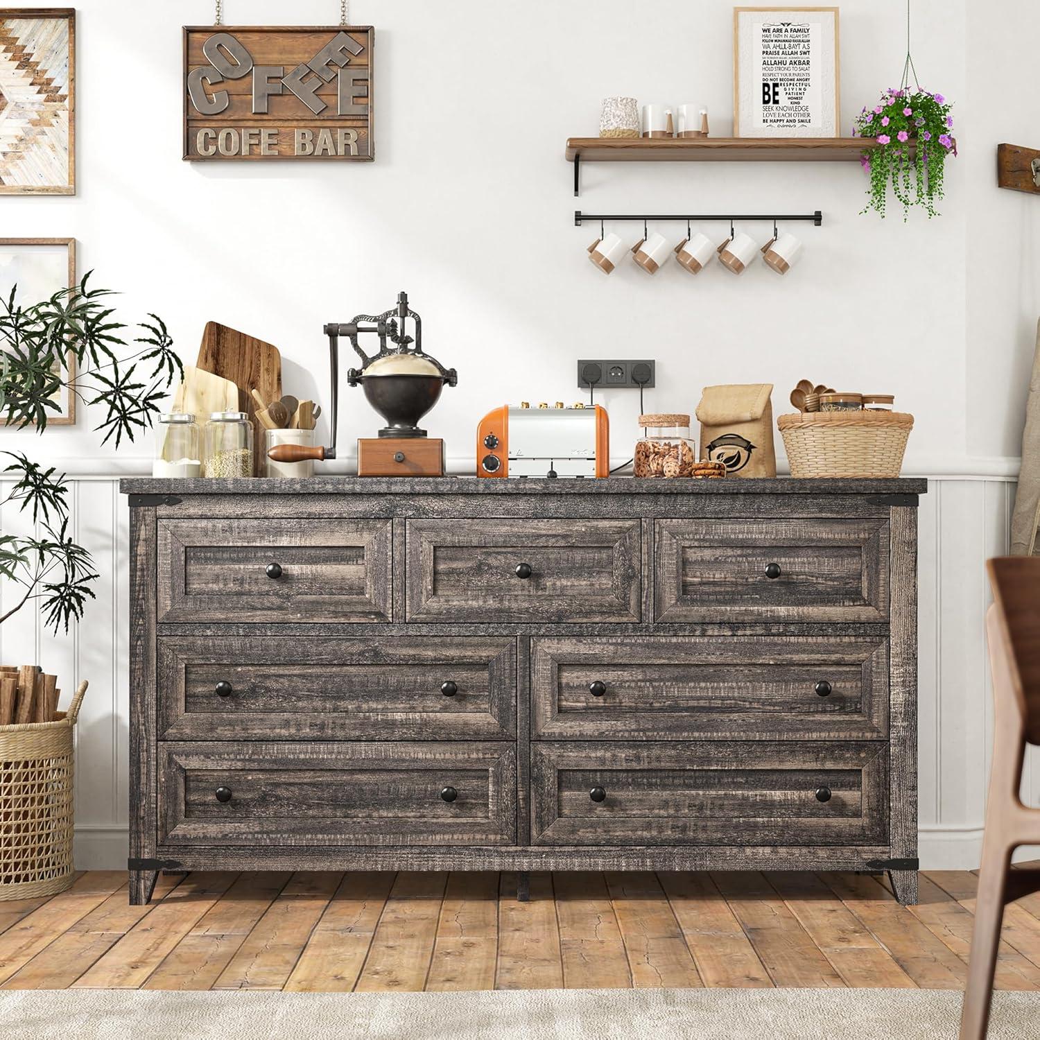 Dark Rustic Oak Farmhouse 7-Drawer Wood Dresser