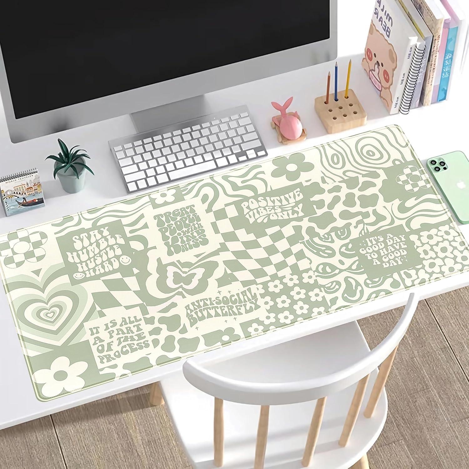 Boho Sage Green XXL Gaming Desk Mat with Non-Slip Base