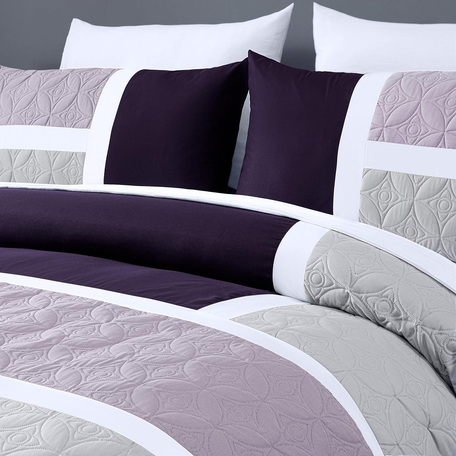Chezmoi Collection Bernard 7-Piece Queen Bed in a Bag Comforter Set with Sheets, Lightweight Comforter Lavender Purple Gray Patchwork Quilted Medallion Bedding Set for All Season