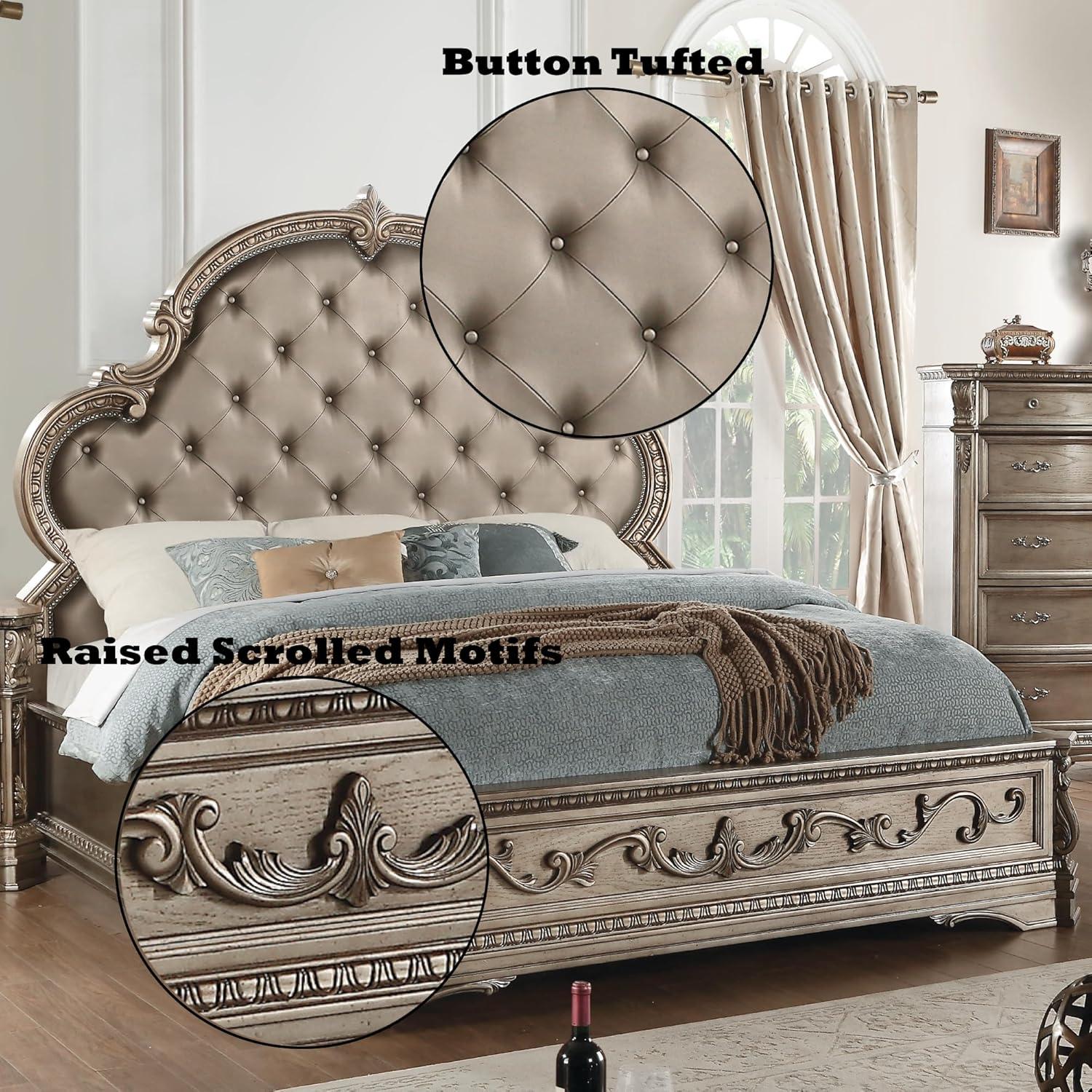 Antique Champagne King Wood Upholstered Bed with Tufted Headboard