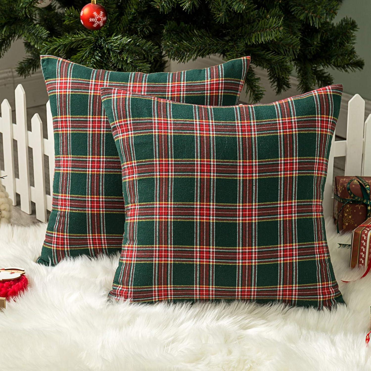 Set of 2 Christmas Scottish Tartan Plaid Throw Pillow Covers Cushion Case for Farmhouse Home Decor, 18 x 18 Inches