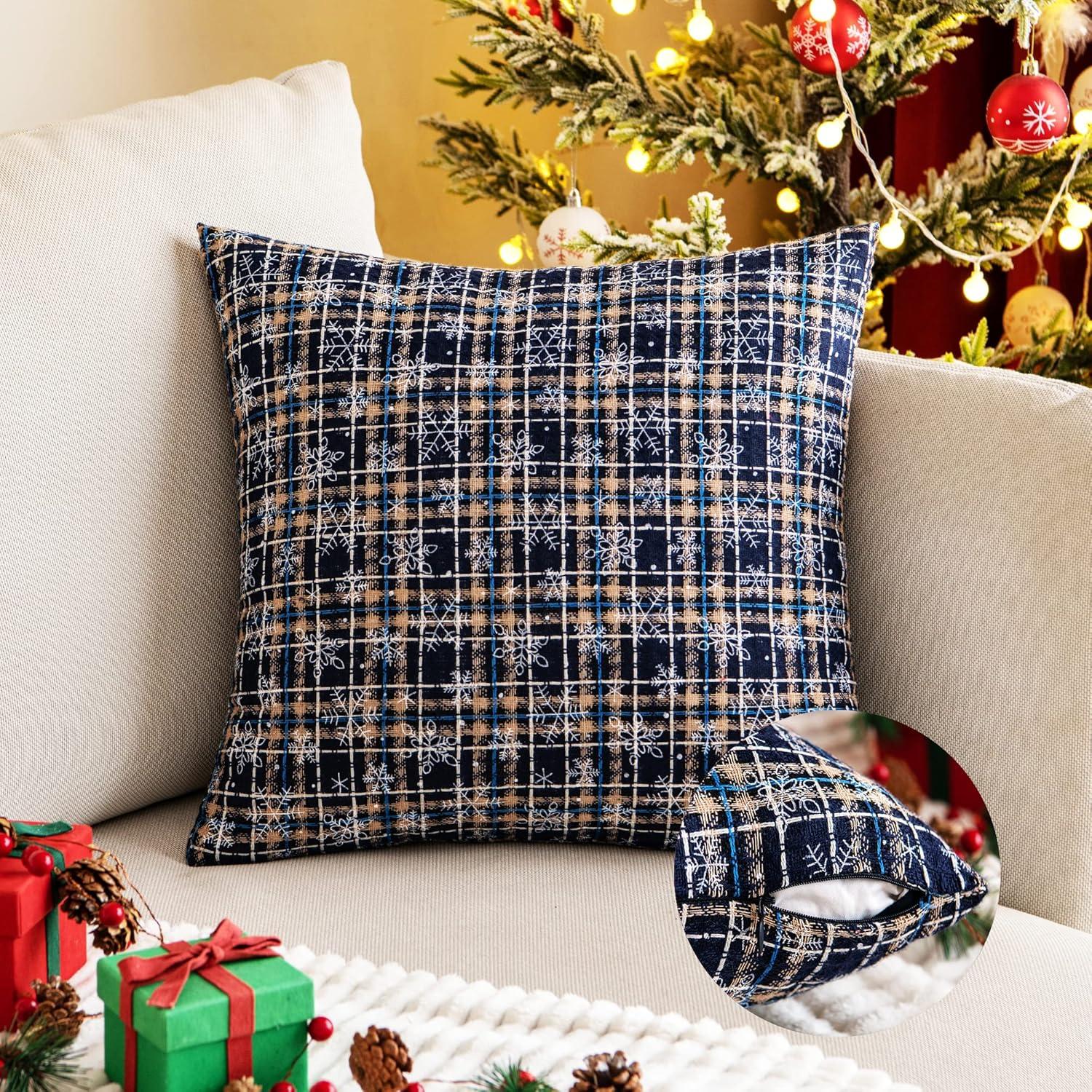 Red and Beige Tartan Plaid Snowflake 18" Polyester Euro Pillow Covers