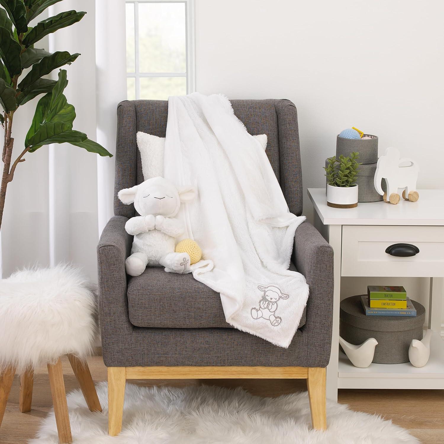 Little Love by NoJo Plush White Lamb Baptism Baby Blanket with Praying Hands and Embroidered Cross for Baptism or Christening Gifts