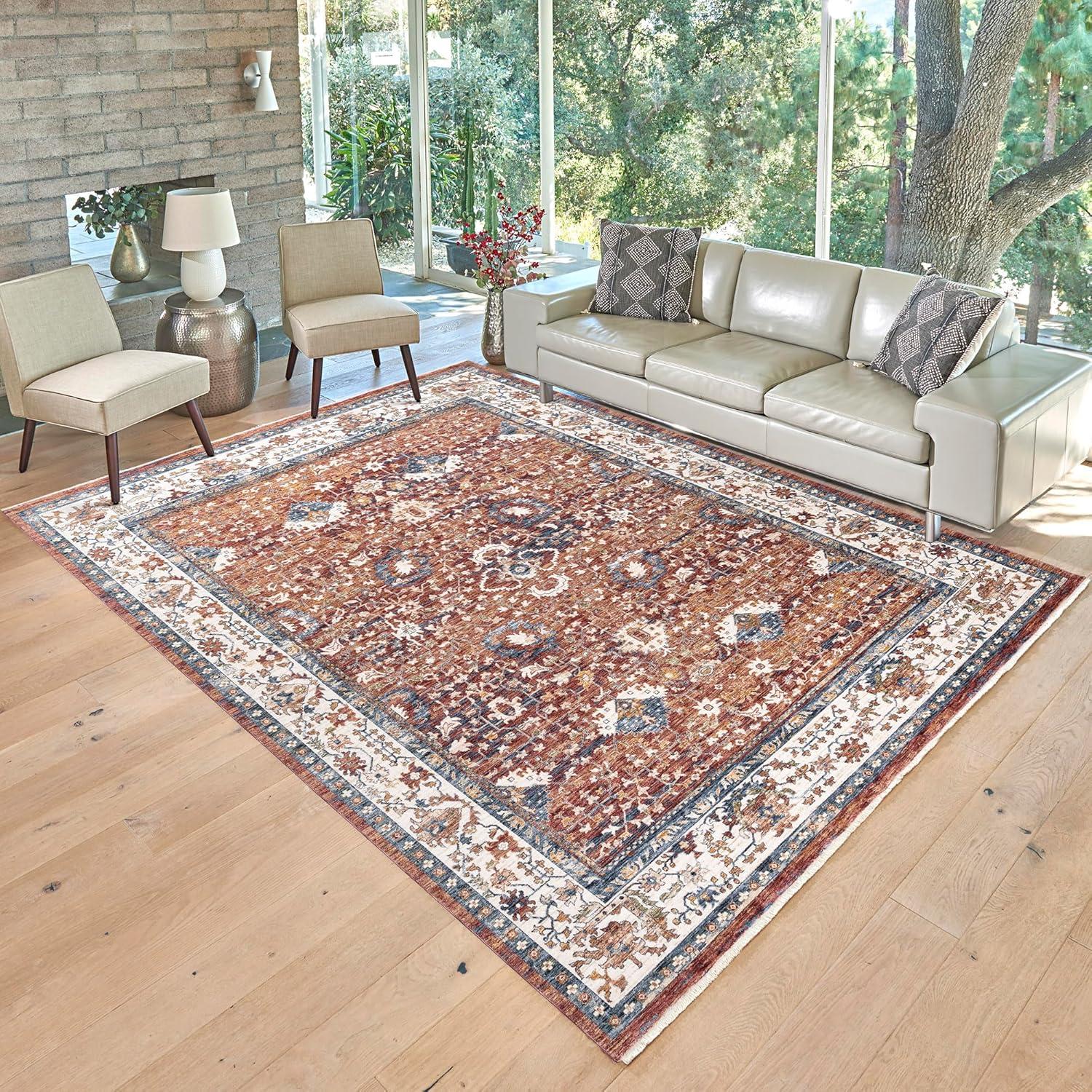 Tudor Red and Blue Rectangular Synthetic Area Rug