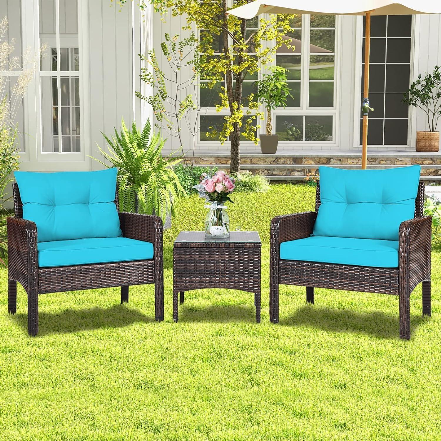 YYAo Garden Conversation Table Set, Conversation Loveseat Chairs Set, 3 Pcs Outdoor Patio Rattan Conversation Set with Seat Cushions-Turquoise