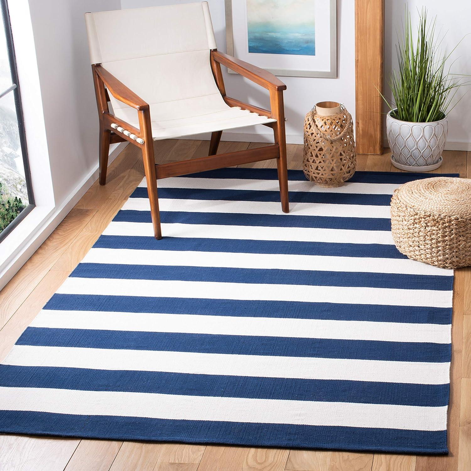 Navy and Ivory Flat Woven Cotton Stripe Square Rug