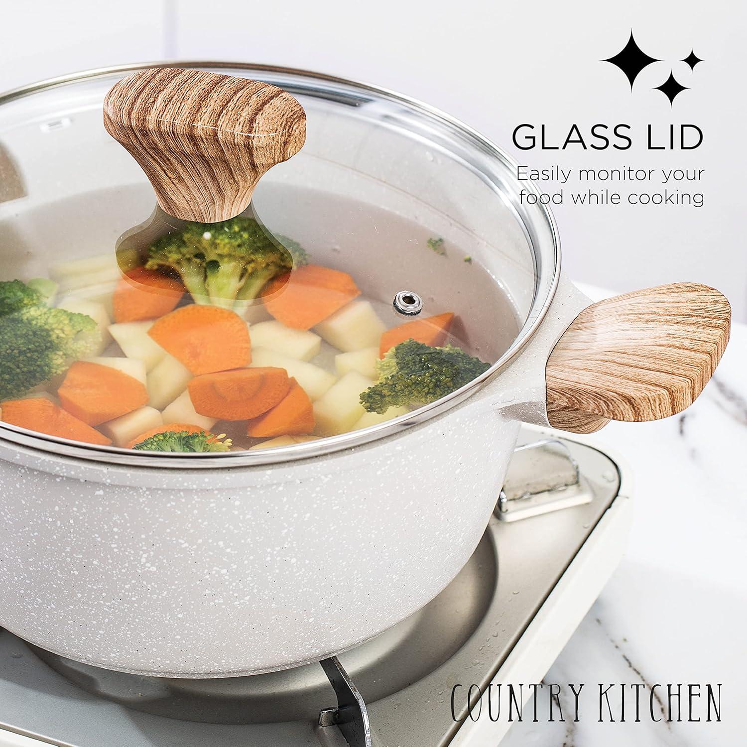 Country Kitchen 15-Pc Cast Aluminum Pots and Pans Set Non Stick Cookware Set, Cream