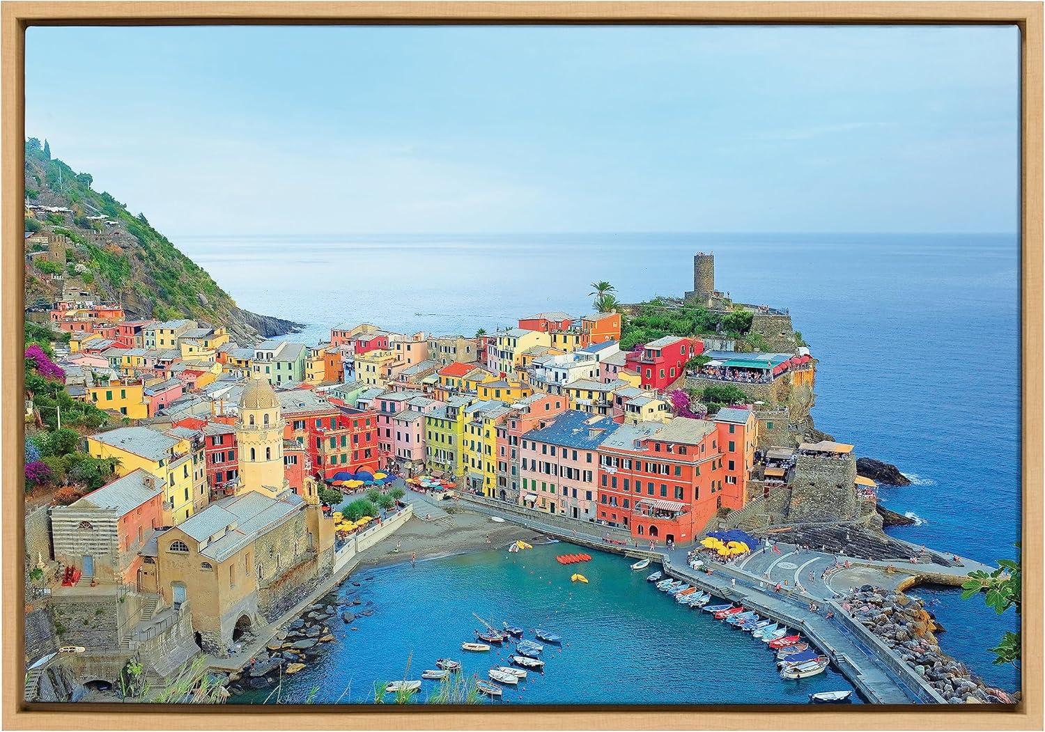 Natural Framed Cinque Terre Coastal Cityscape Canvas Art, 23x33