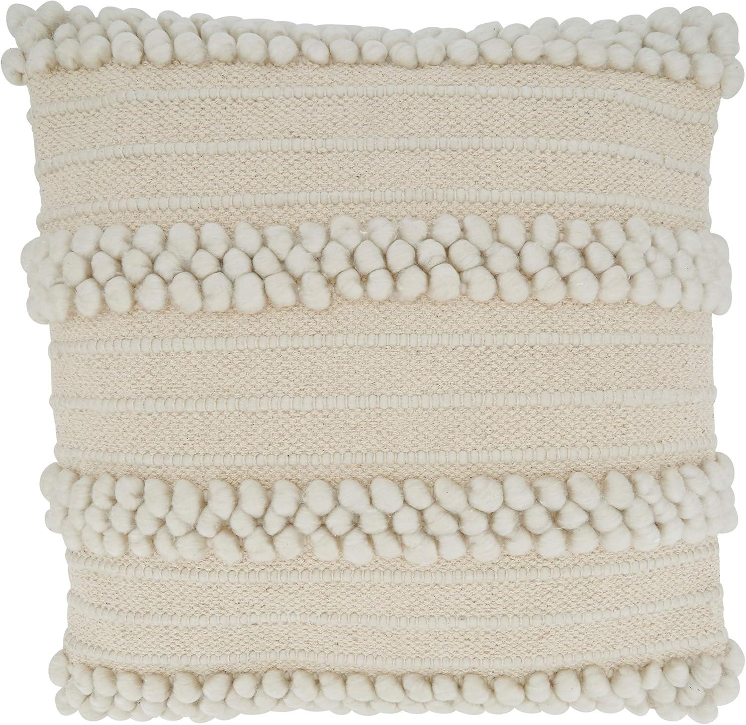 18"x18" Striped Design with Pom-Poms Square Throw Pillow Cover Ivory - Saro Lifestyle: Bohemian Hand Wash Zipper Closure