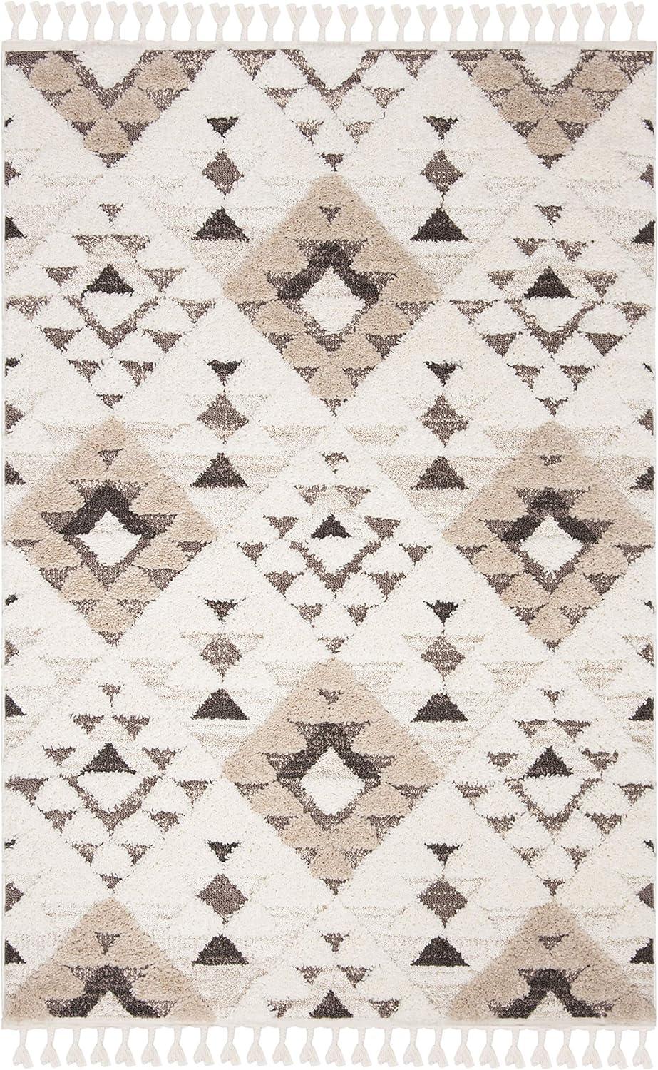 SAFAVIEH Moroccan Tassel Shag Larry Moroccan Geometric Area Rug, Ivory/Brown, 5'3" x 7'6"