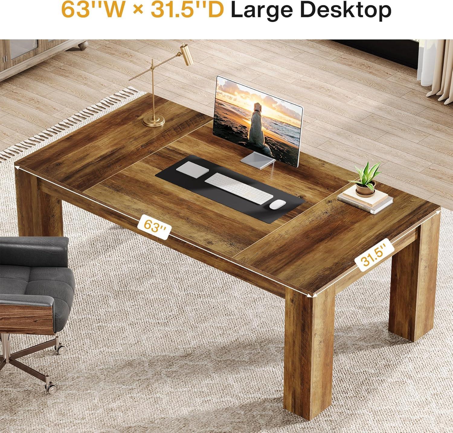 Tribesigns 63-Inch Executive Computer Desk, Industrial Writing Table with Solid Wooden Base for Home Office, Brown