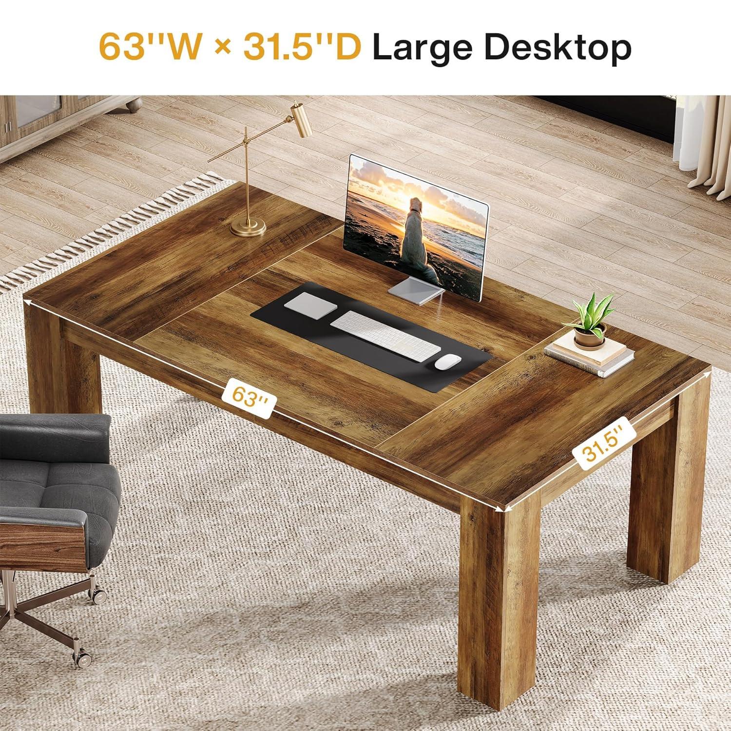 Tribesigns 63-Inch Executive Computer Desk, Industrial Writing Table with Solid Wooden Base for Home Office, Brown