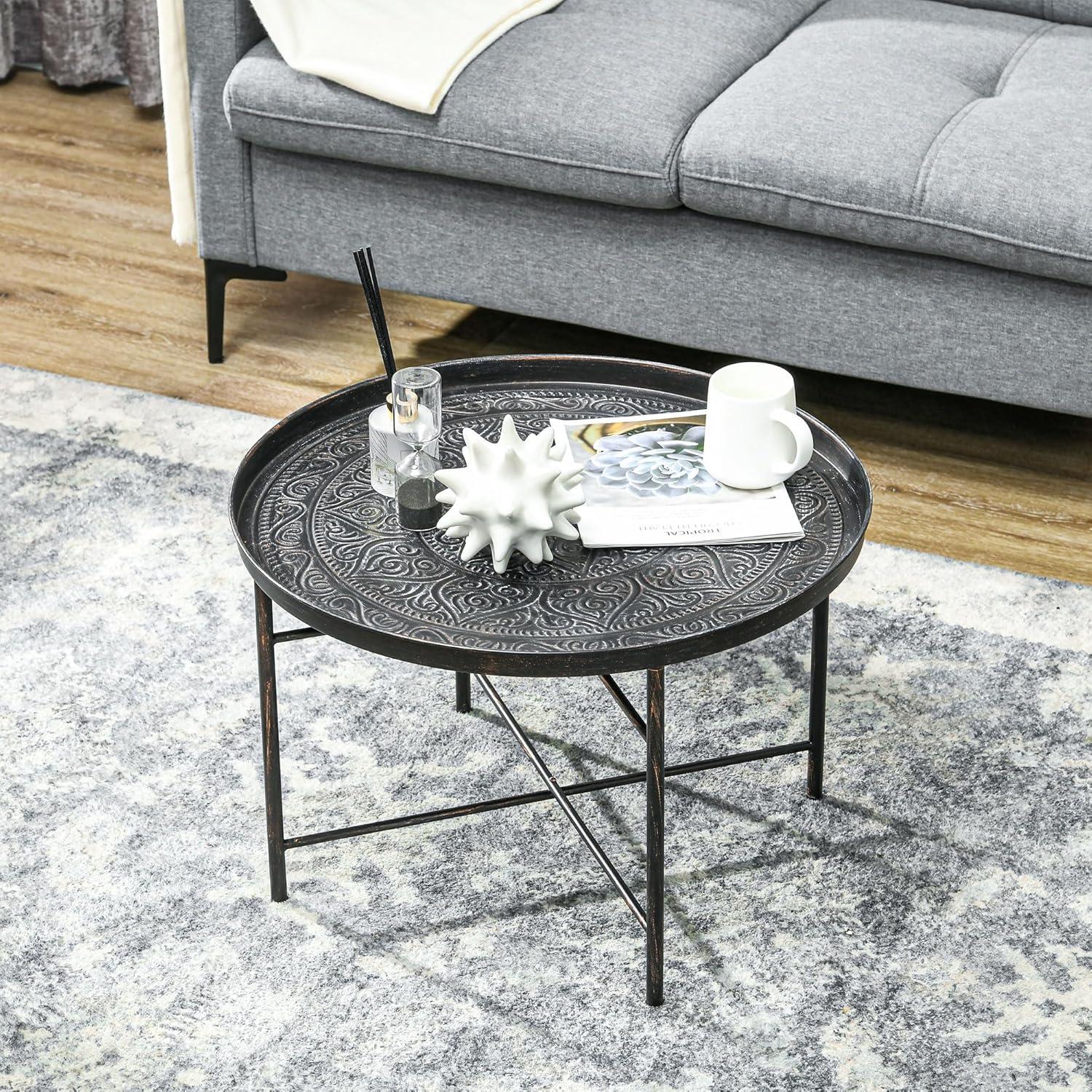 Pewter Round Metal Coffee Table with Hammered Tray Top