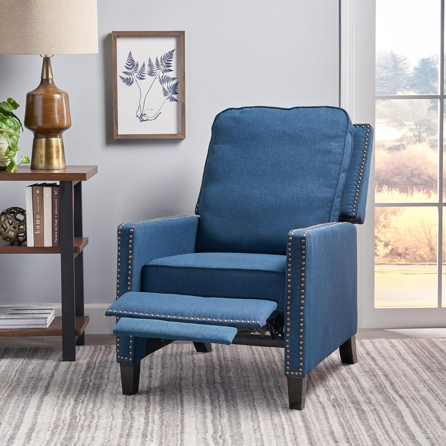 GDF Studio Armstrong Contemporary Fabric Pushback Recliner with Nailhead Trim, Navy Blue and Dark Brown