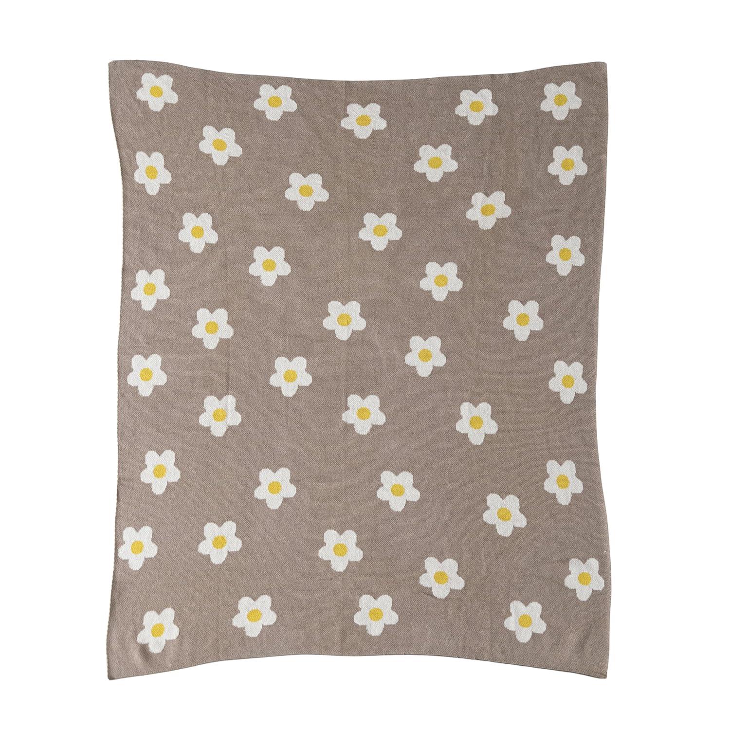 Creative Co-Op Cotton Knit Baby Blanket with Printed Flowers, Brown and White