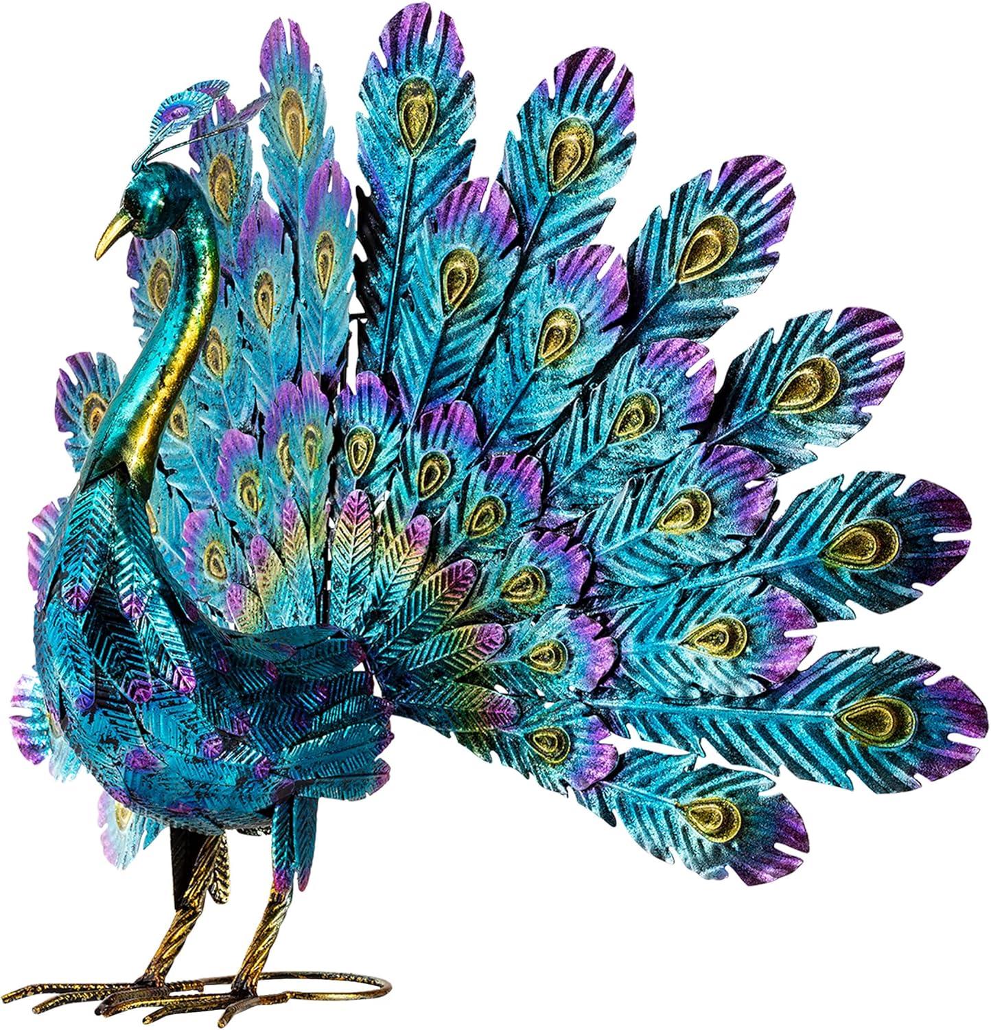 22" Metal Feather Spread Peacock Outdoor Decor Statue - Alpine Corporation: Lawn Accent, No Battery Required