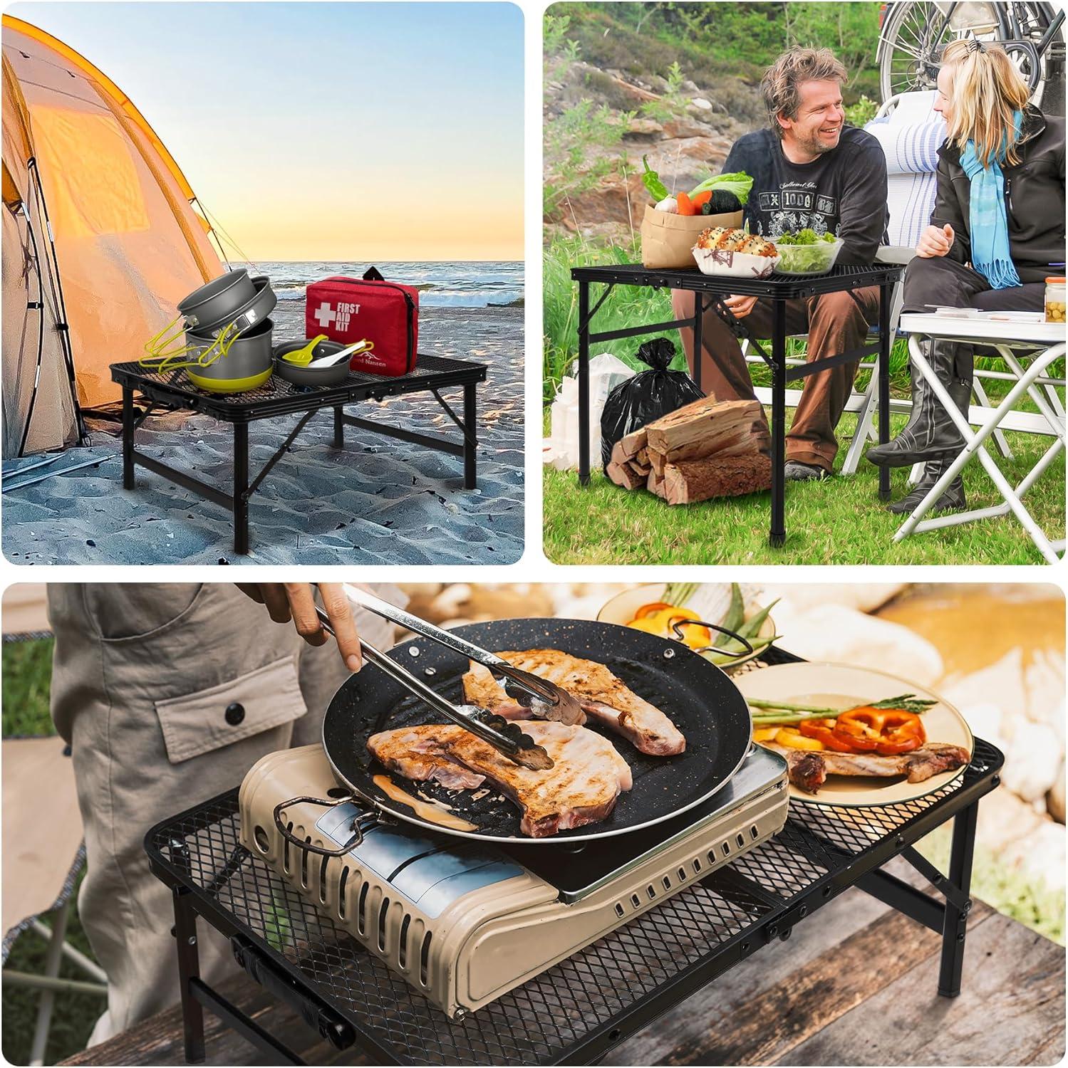 Folding Grill Table Camping Table with Mesh Desktop, Lightweight & Portable Outdoor Picnic Table, Height Adjustable Portable Grill Table for Outside Inside Use