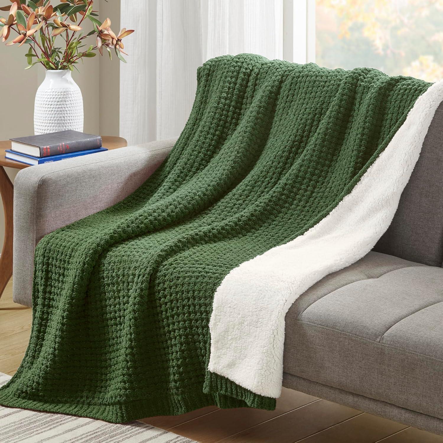 Green Waffle Knit Chenille Sherpa Reversible Throw Blanket